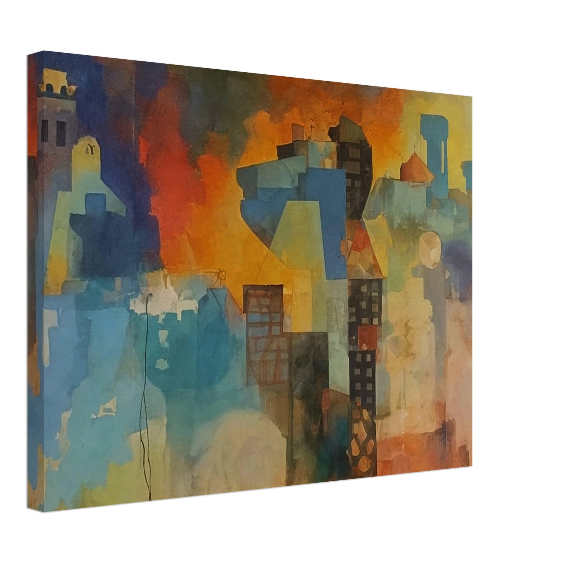 An abstract cityscape painting with a blend of vibrant colors and geometric shapes, illustrating a lively urban scene.