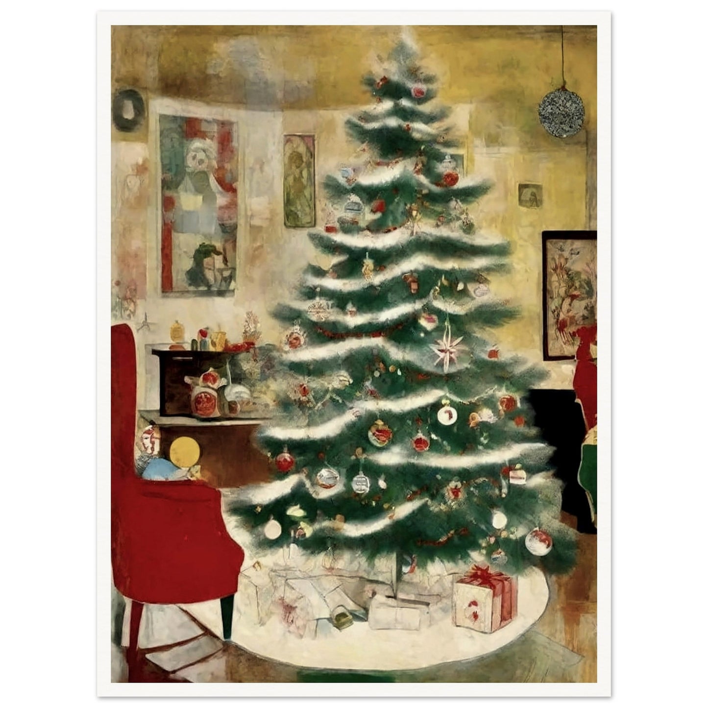 A cozy living room scene featuring a beautifully decorated Christmas tree adorned with ornaments and surrounded by presents, evoking the warmth of the holiday season.