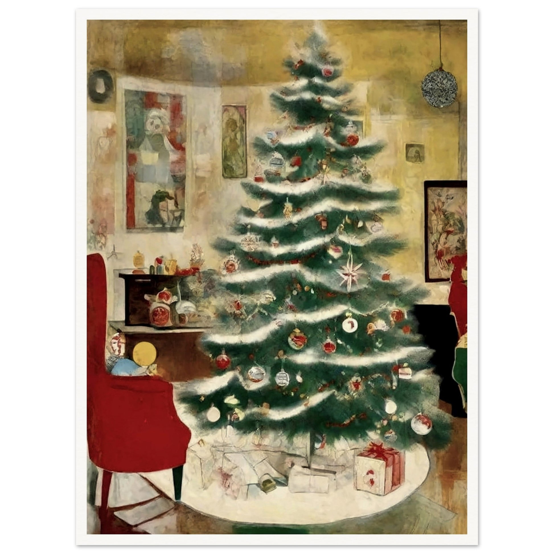 A cozy living room scene featuring a beautifully decorated Christmas tree adorned with ornaments and surrounded by presents, evoking the warmth of the holiday season.