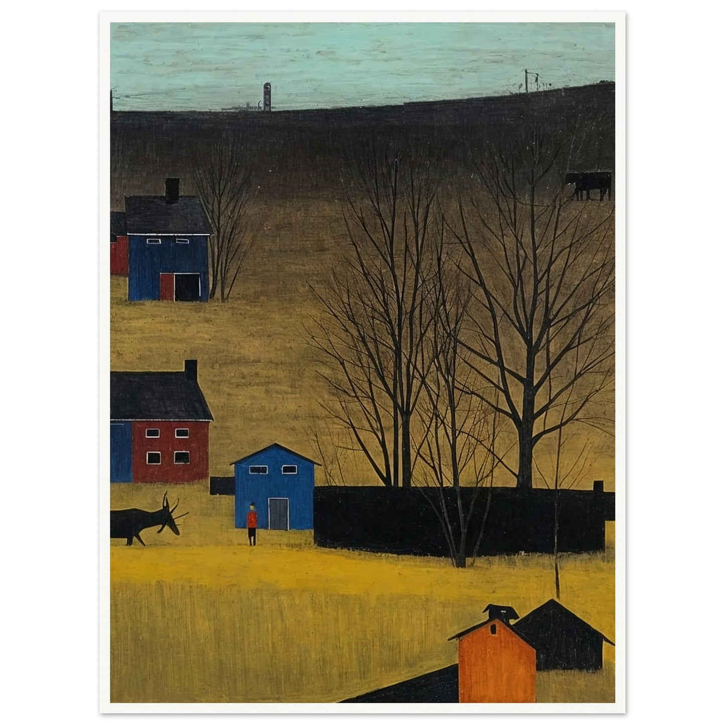 A peaceful rural landscape with houses, trees, and a donkey under a clear sky in autumn.