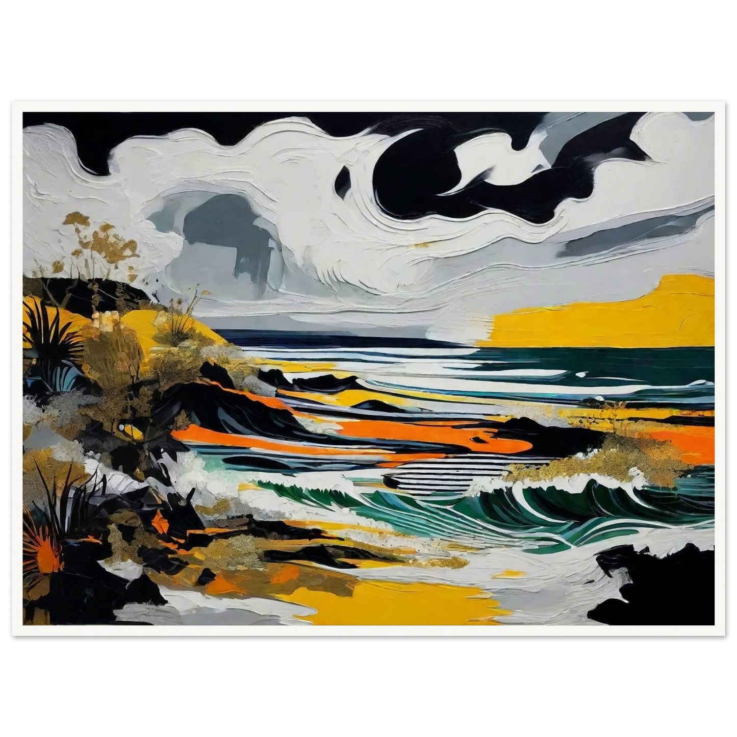 A striking seascape painting with swirling clouds, crashing waves, and bold colors of yellow, black, and green along a rugged coastline.