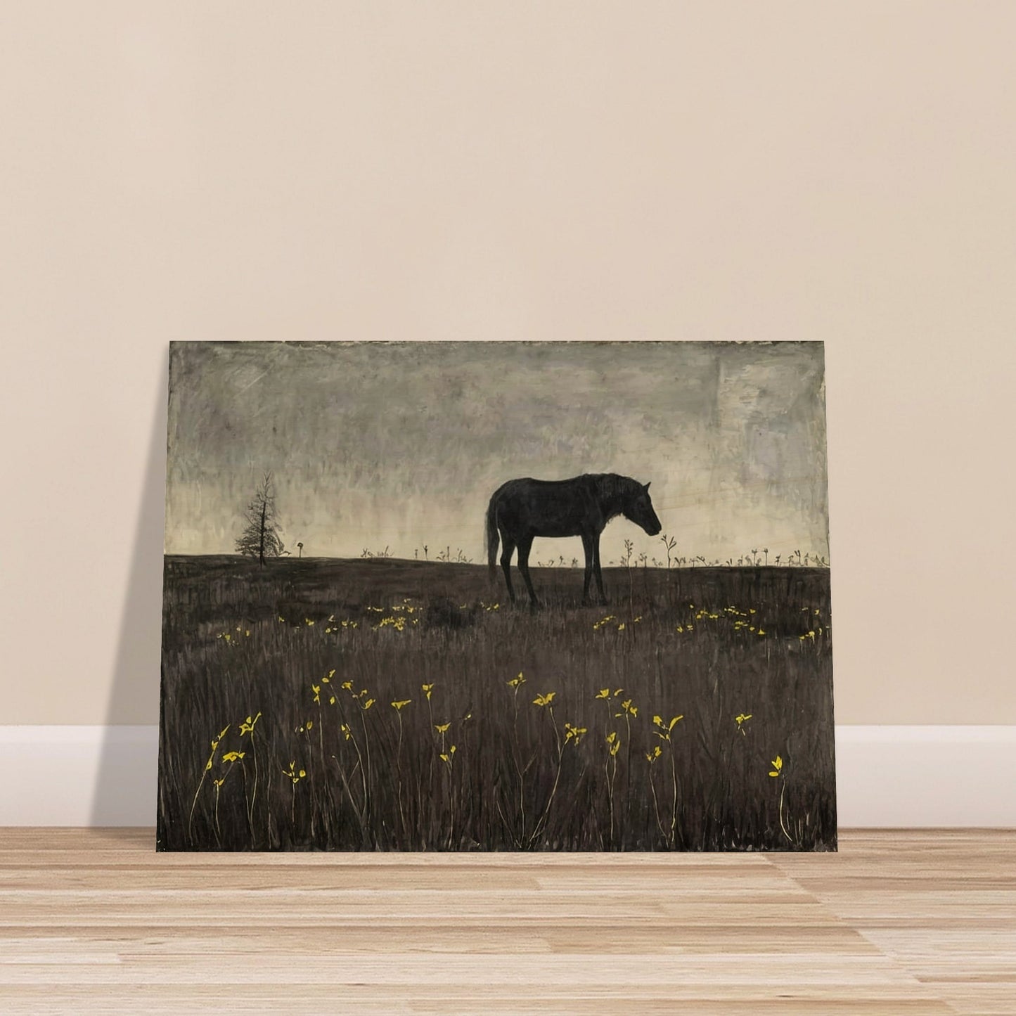 A lone horse in a quiet, almost eerie landscape, with a few scattered yellow flowers adding a touch of color to the scene.