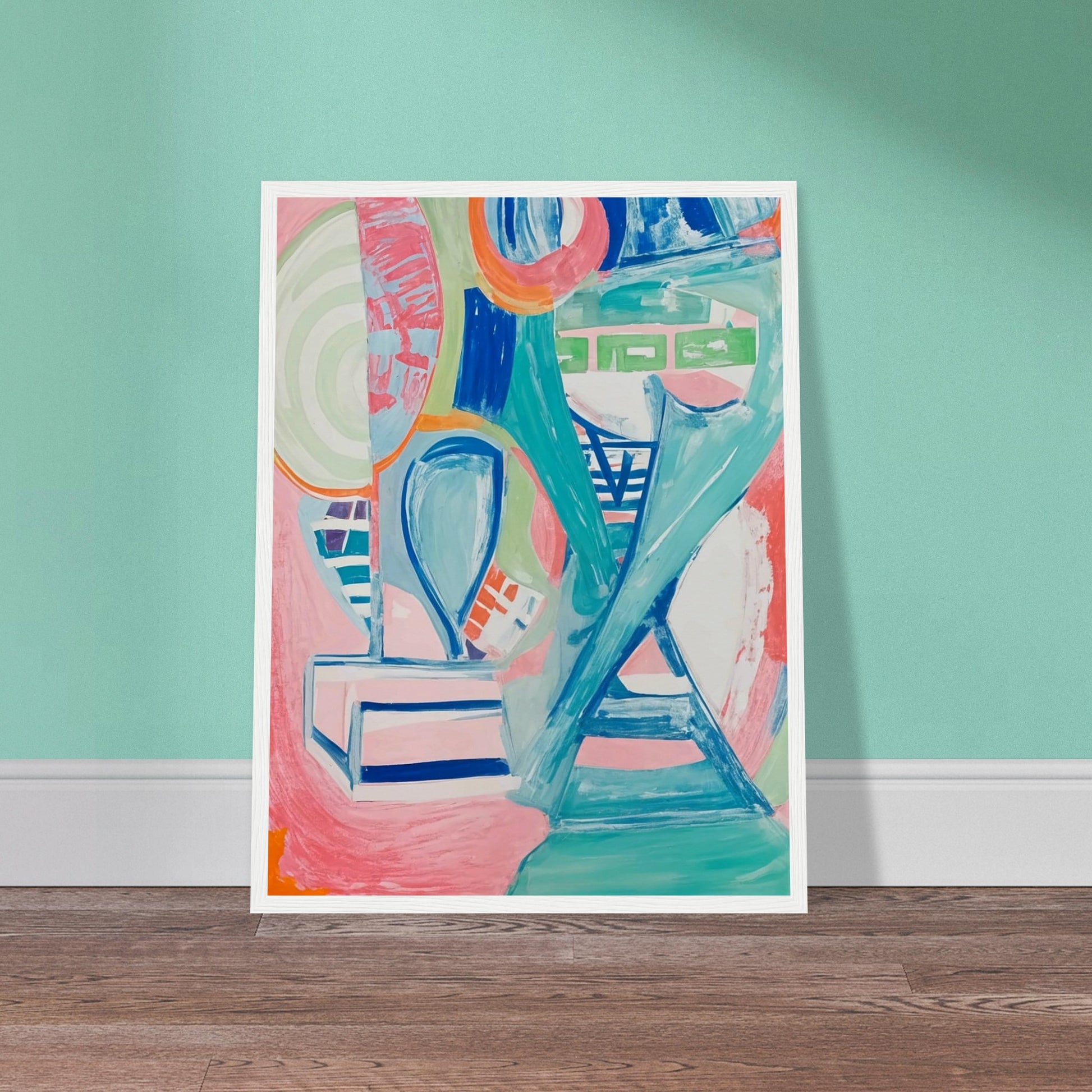 A dynamic interplay of pastel colors and geometric shapes creating a lively abstract composition full of energy and movement.
