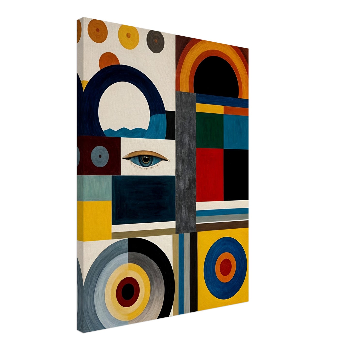 A bold geometric painting featuring an eye, circular and rectangular patterns, and a mix of deep blues, reds, yellows, and neutral tones.
