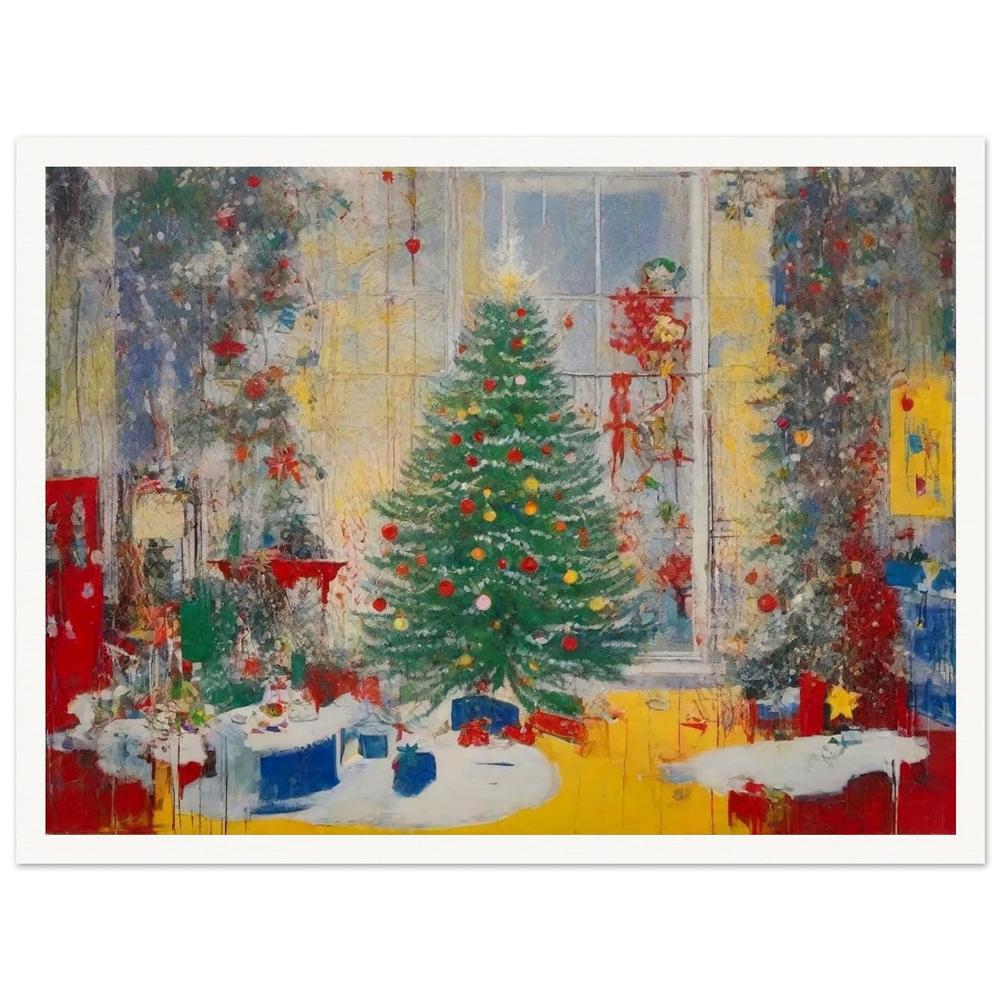 A vibrant painting of a festive living room with a beautifully decorated Christmas tree, glowing lights, and wrapped presents by a large window.