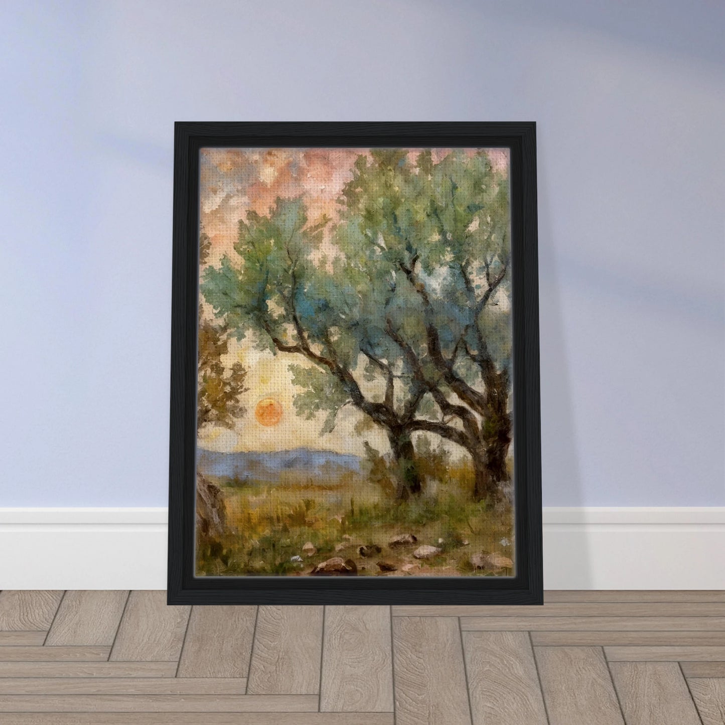 Sunset filters through tall, leafy trees, casting golden light over a rocky path and open field in this painterly forest scene.