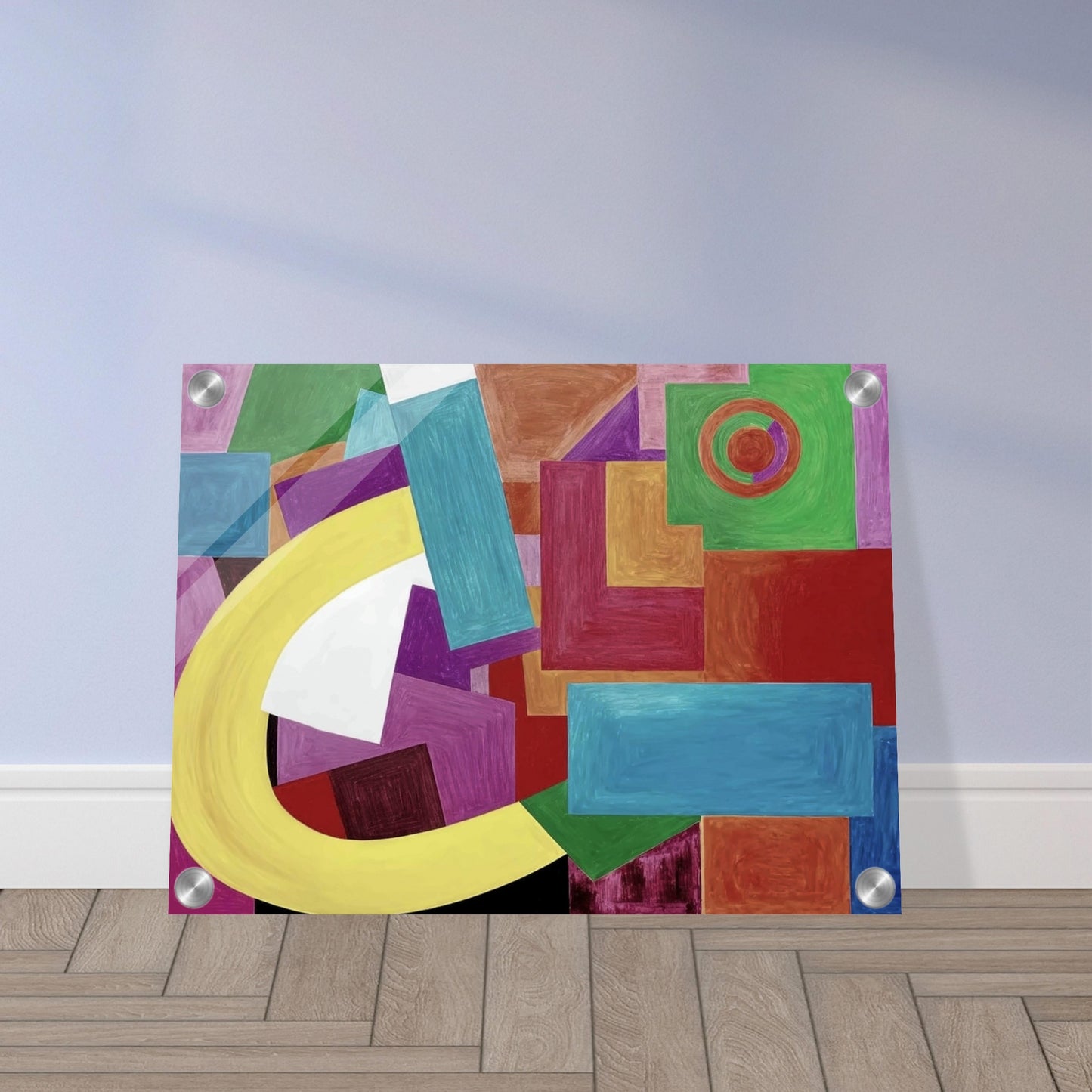 Dynamic composition of colorful geometric shapes, featuring rectangles, squares, and arcs in bold hues of yellow, blue, green, and red.