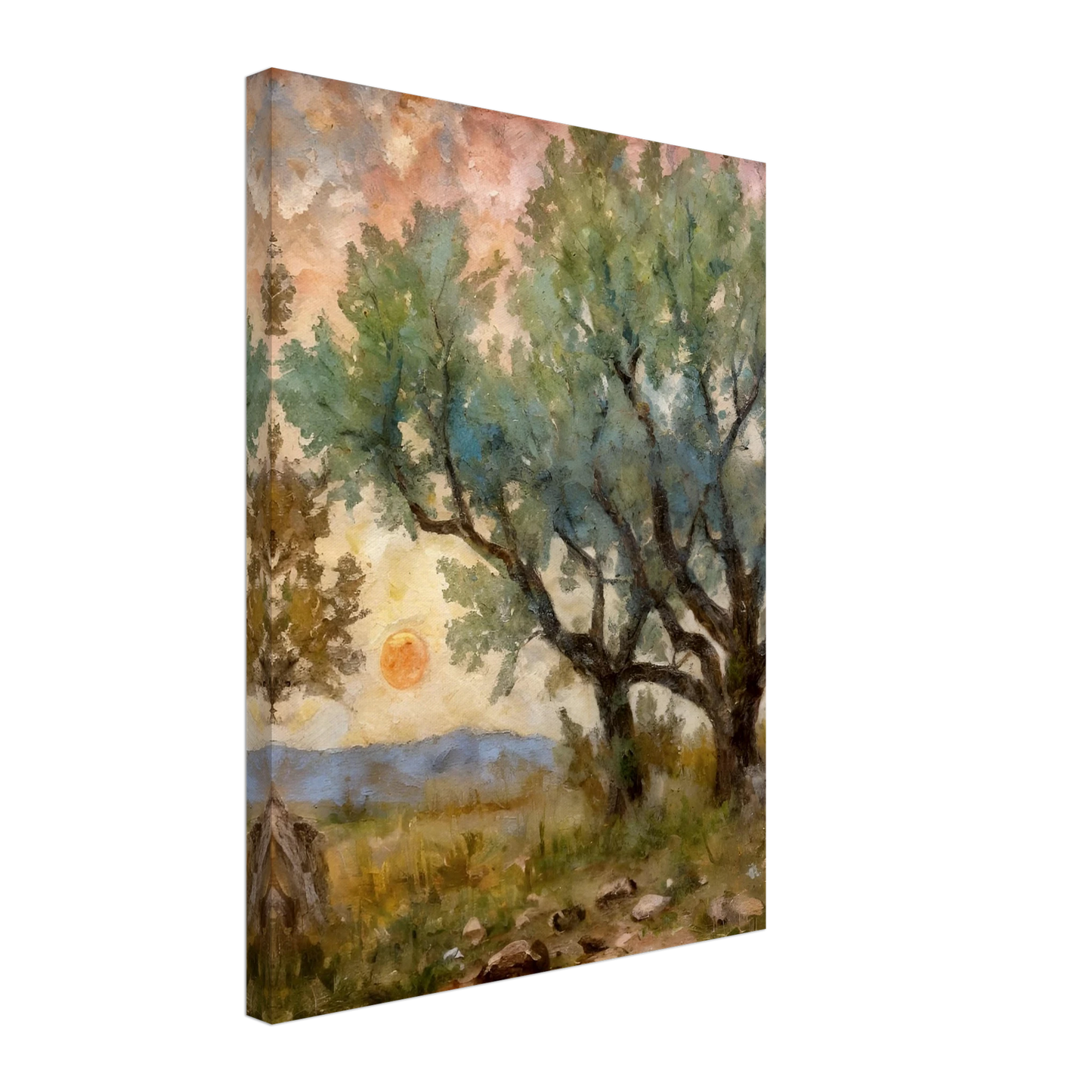Sunset filters through tall, leafy trees, casting golden light over a rocky path and open field in this painterly forest scene.