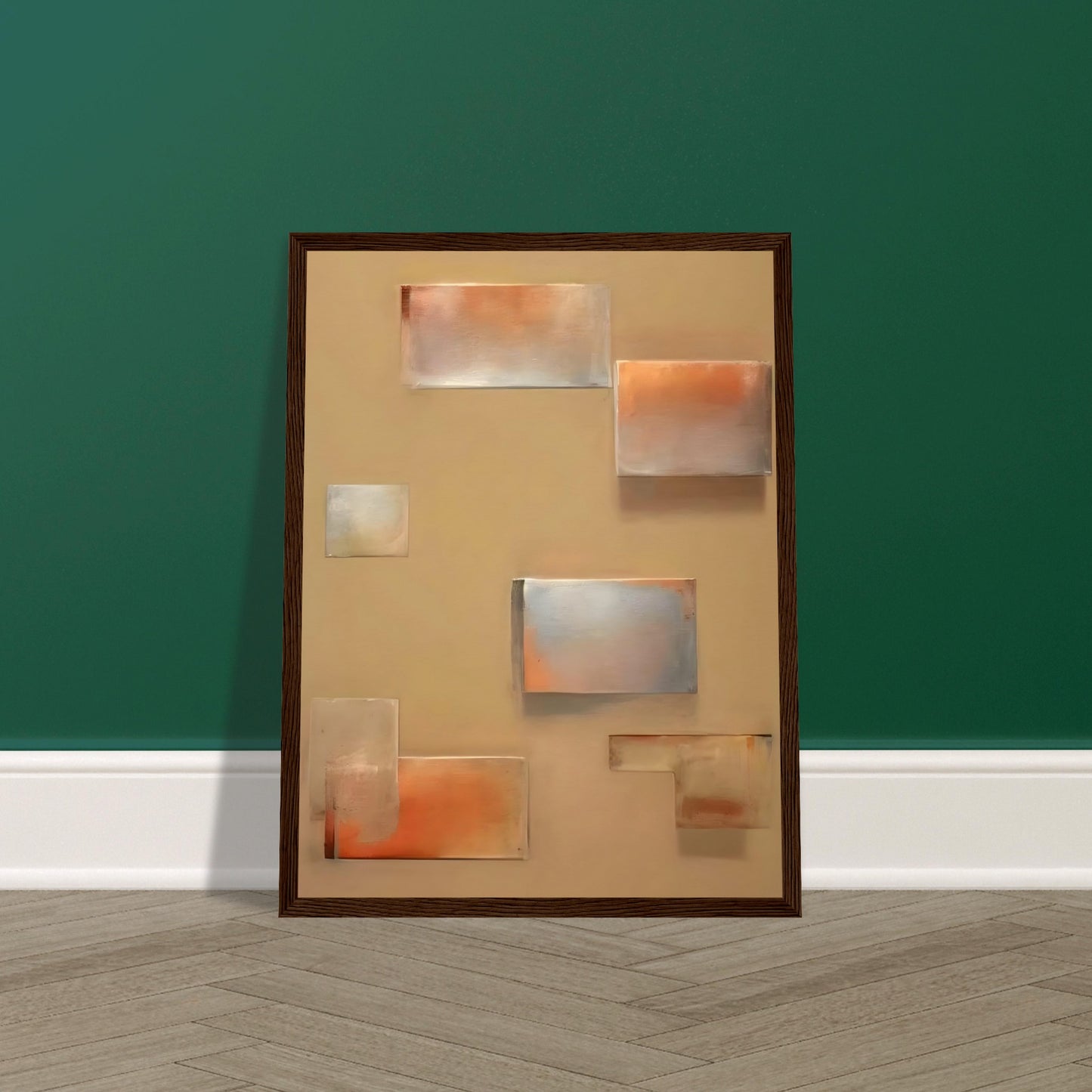 An abstract composition featuring softly blurred rectangular shapes in muted shades of orange, gray, and beige, creating a serene and minimalist geometric design.