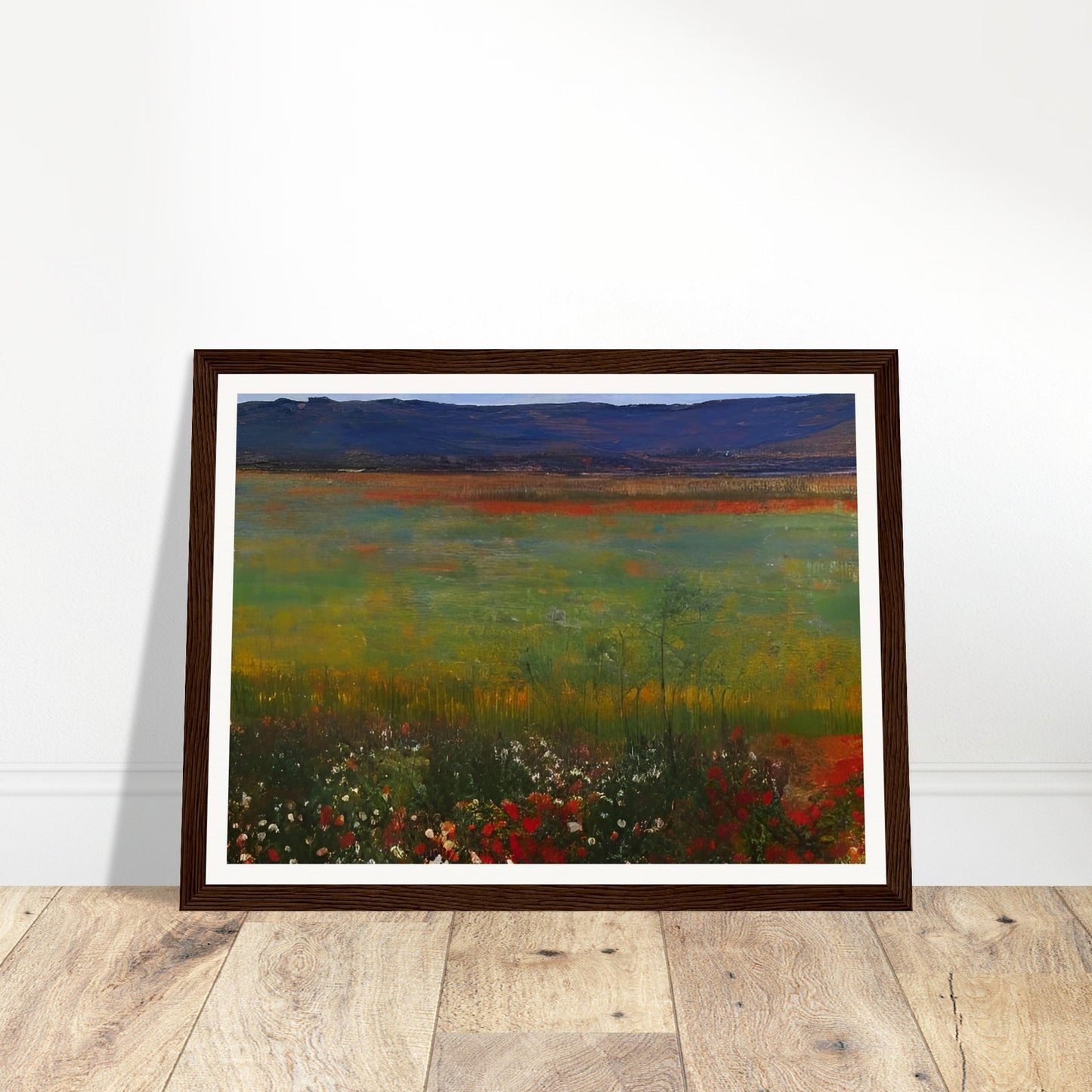 A tranquil painting depicting an expansive meadow filled with wildflowers, set against distant blue mountains.