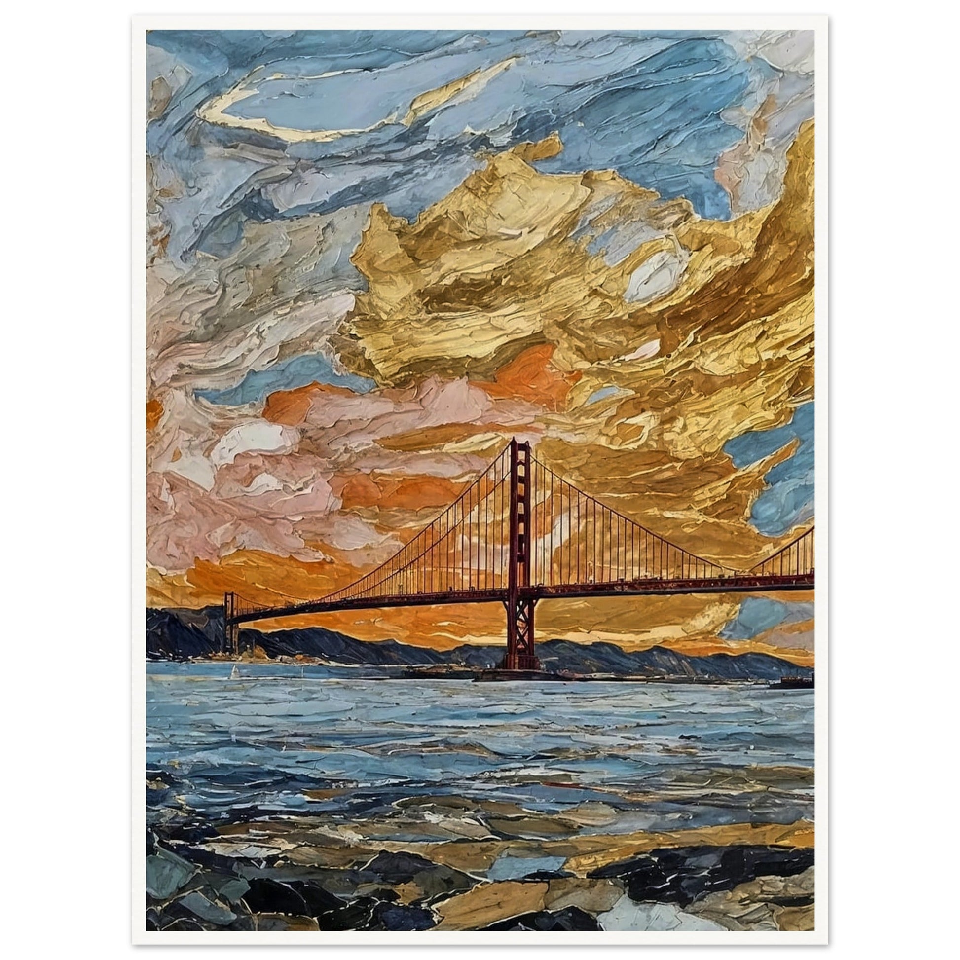 A vibrant painting of a bridge at sunset, with dramatic golden clouds filling the sky and reflecting off the water below.