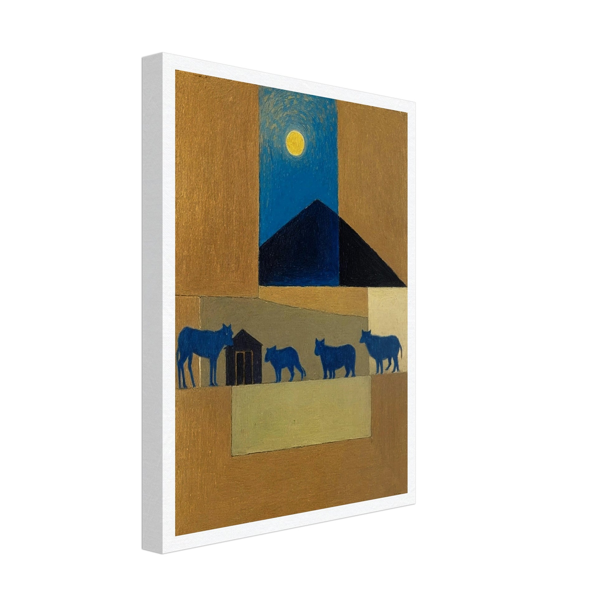 A peaceful night scene with blue cattle walking under the moon, against a backdrop of warm earthy tones and a dark triangular roof.