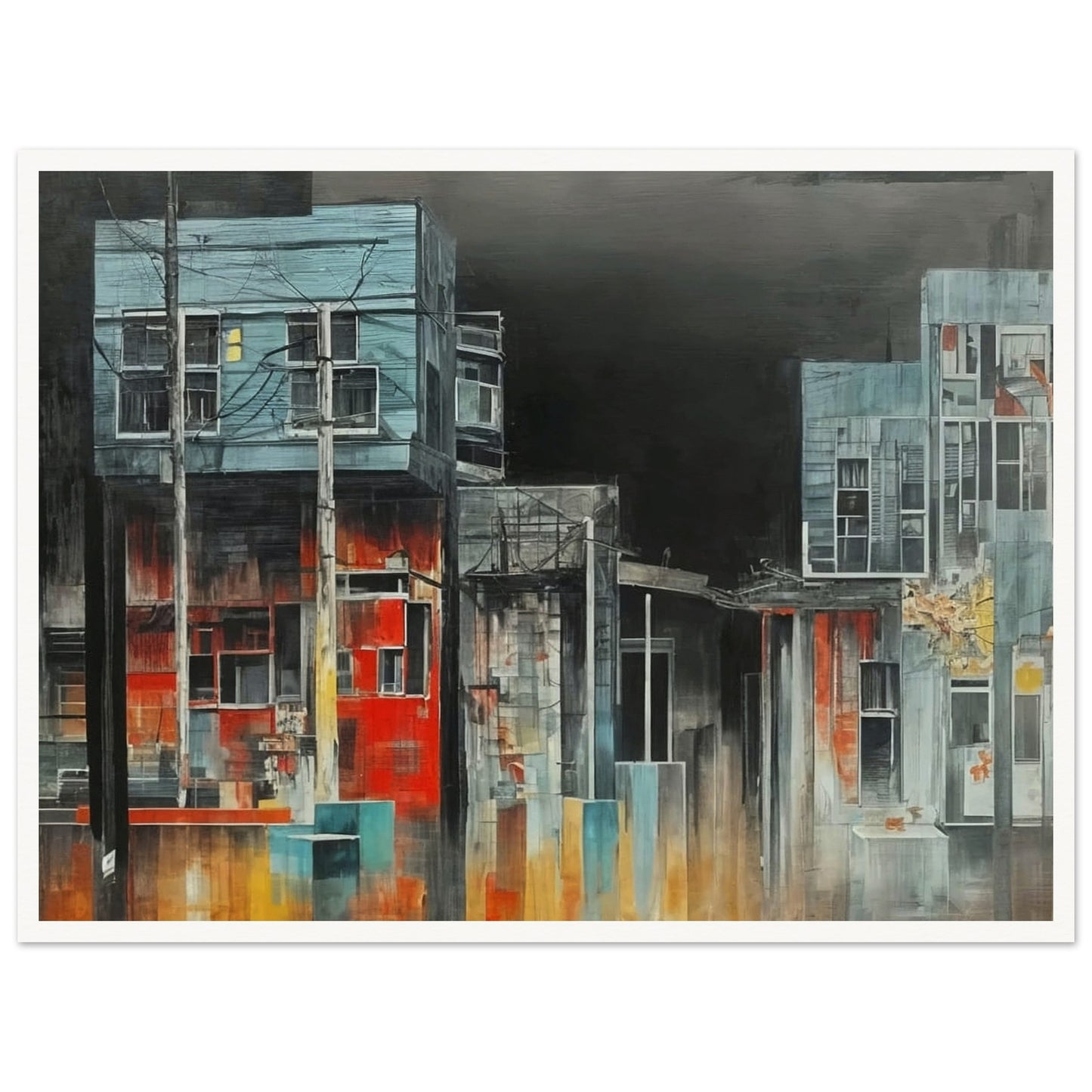 A moody urban scene depicting weathered buildings and power lines against a dark, ominous sky, highlighting urban decay.