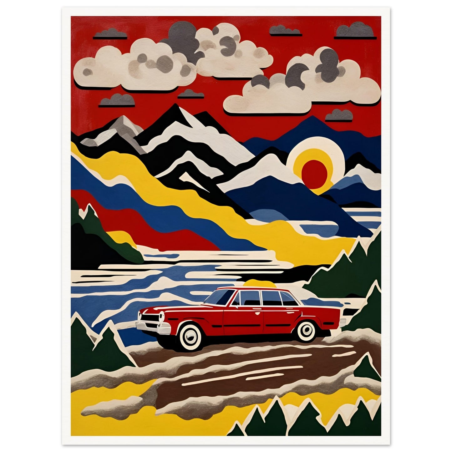 A vibrant, stylized painting of a classic red car driving through a colorful mountain landscape under a bold red sky with clouds and a setting sun.