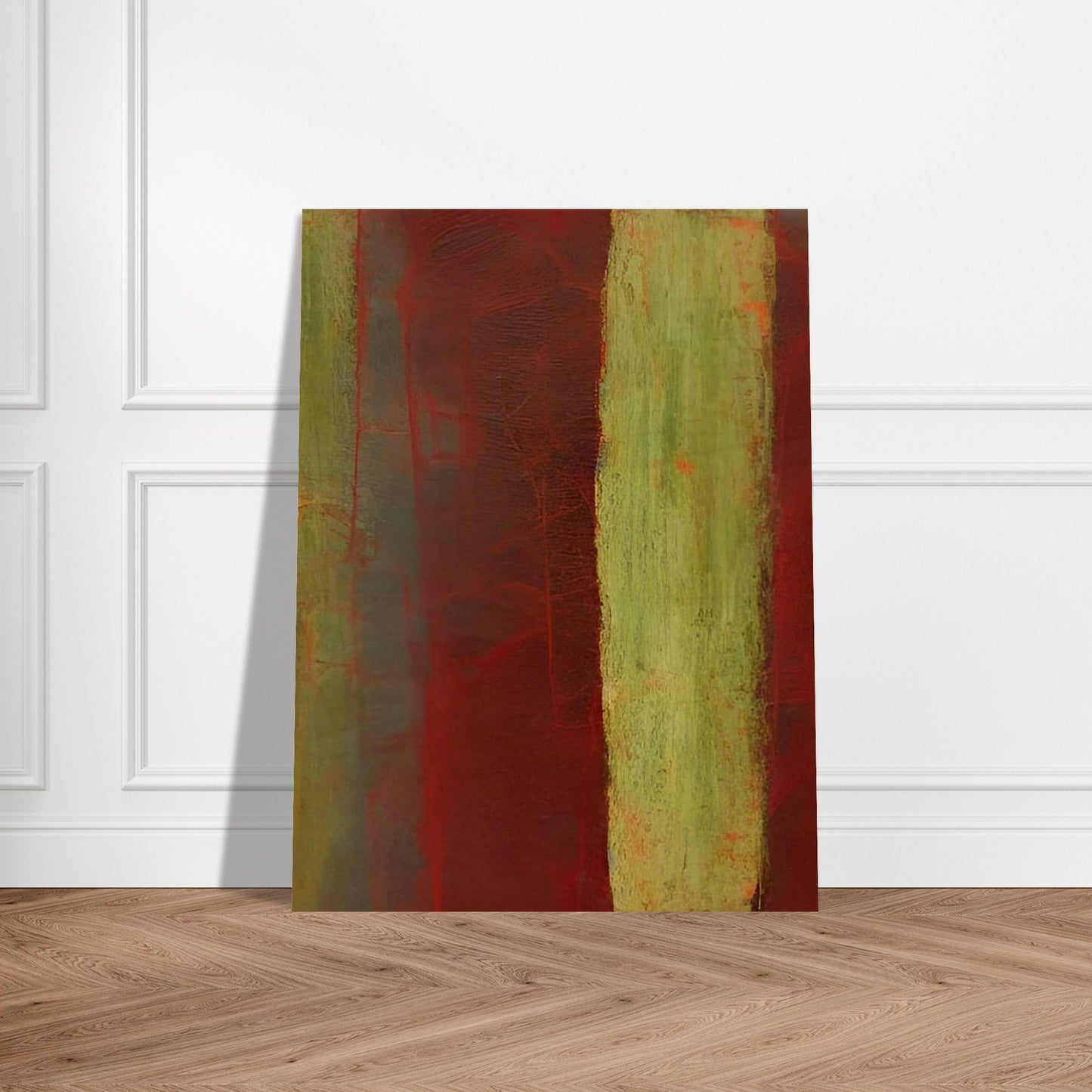An abstract composition featuring deep red and earthy green vertical stripes with soft textures and layered shades, evoking a sense of natural decay and organic forms.