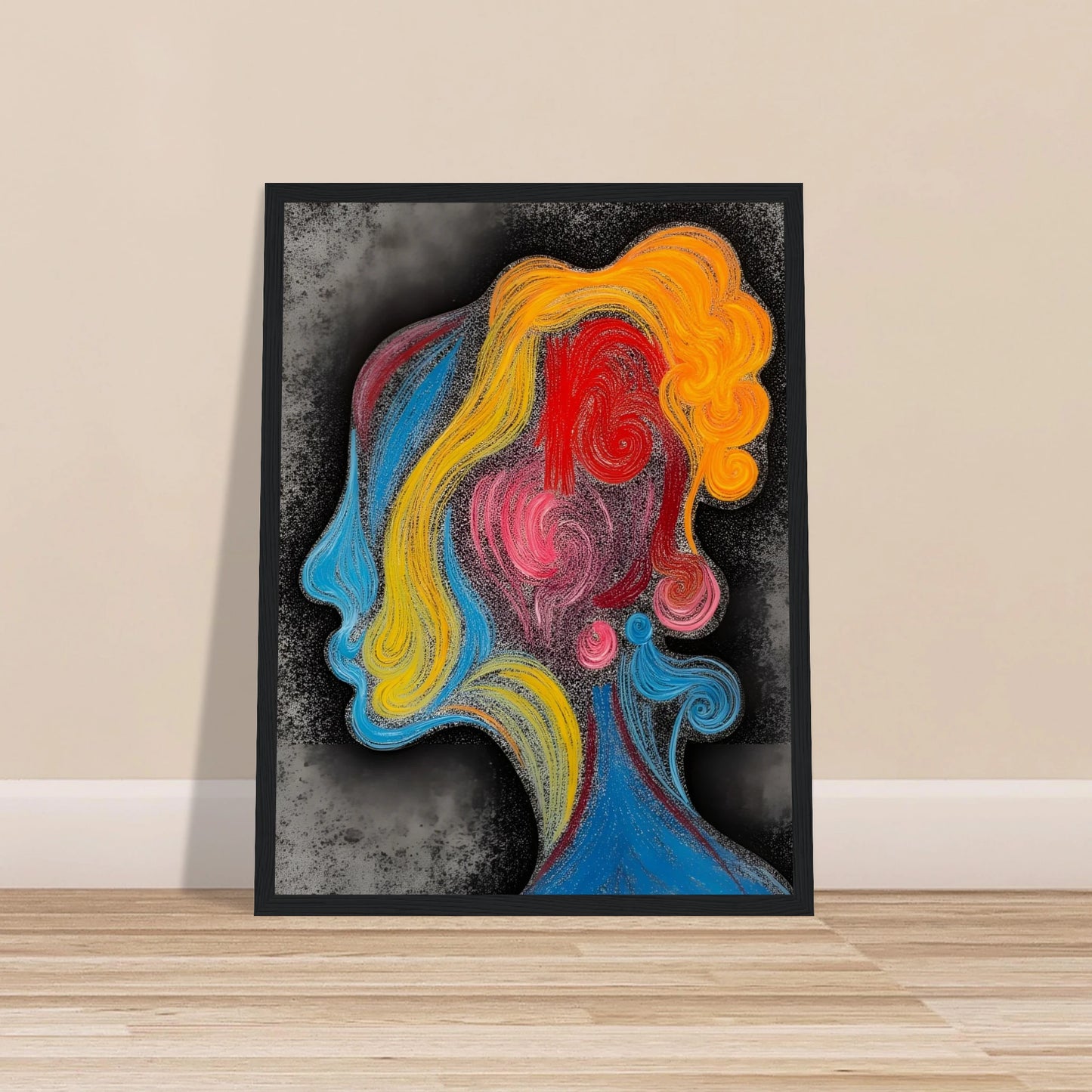 A vibrant profile of a human face outlined in swirling strokes of red, blue, yellow, and pink on a smoky gray background.