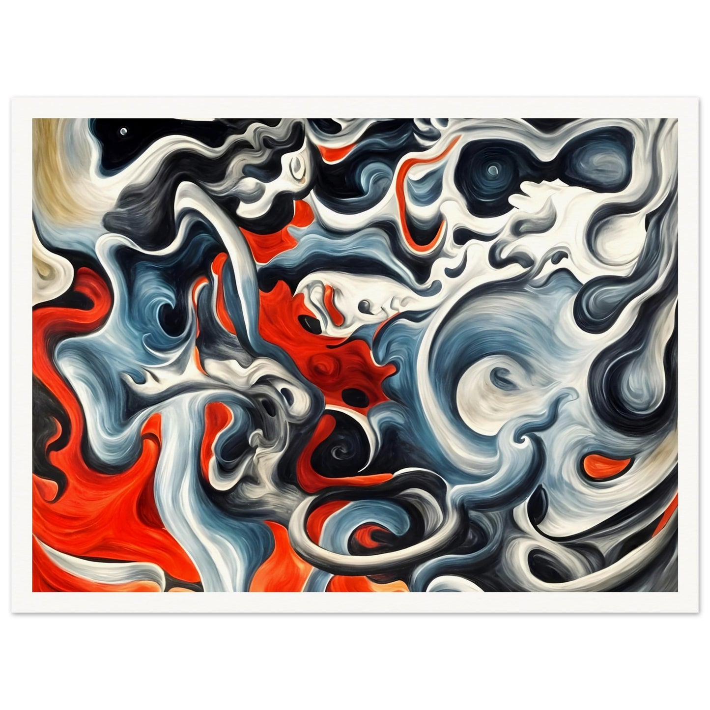 A mesmerizing swirl of red, black, and blue flowing together in a storm-like pattern, evoking a sense of movement and power.