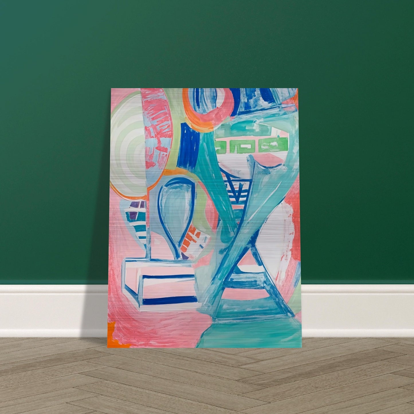 A dynamic interplay of pastel colors and geometric shapes creating a lively abstract composition full of energy and movement.