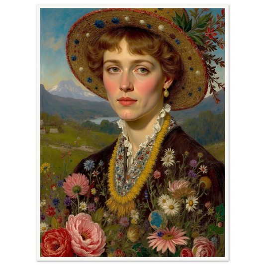 Portrait of a woman in a straw hat adorned with flowers, holding a vibrant bouquet against a mountain meadow backdrop.