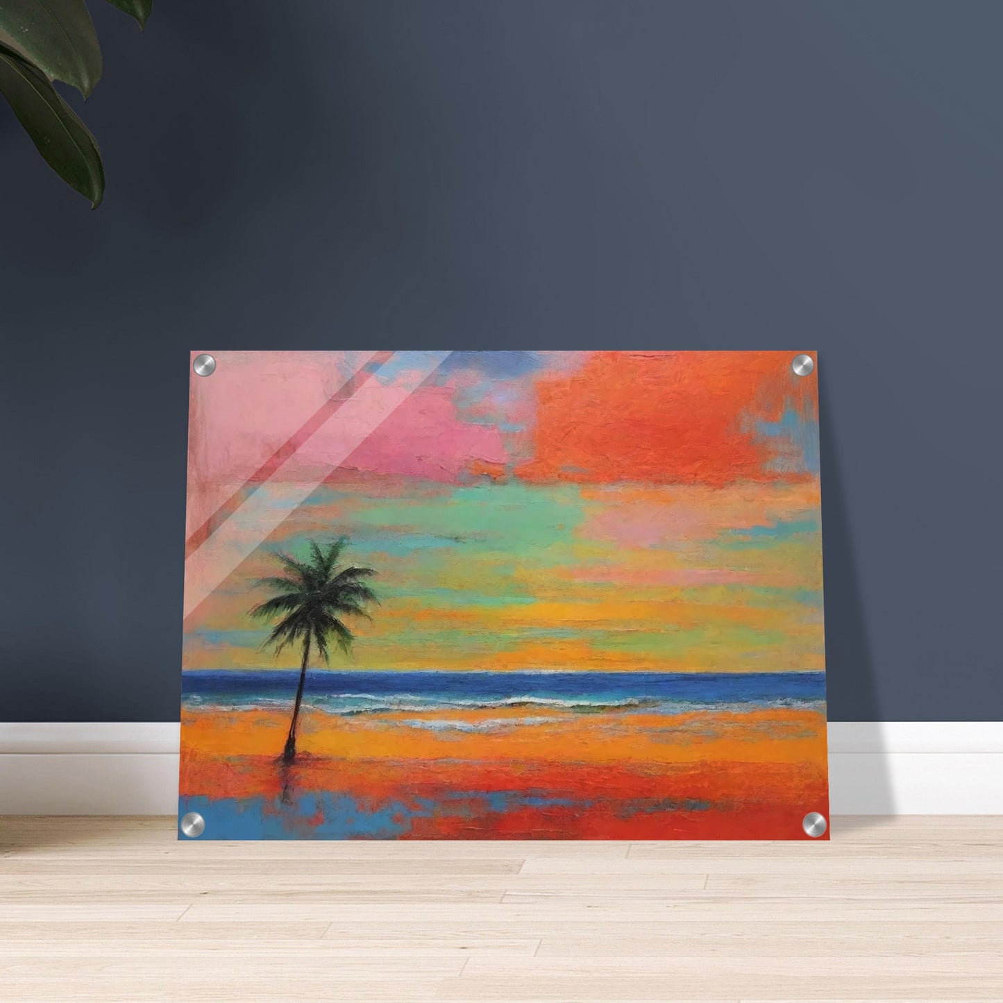 A vibrant tropical sunset with a lone palm tree silhouetted against a colorful sky blending pink, orange, green, and blue hues.