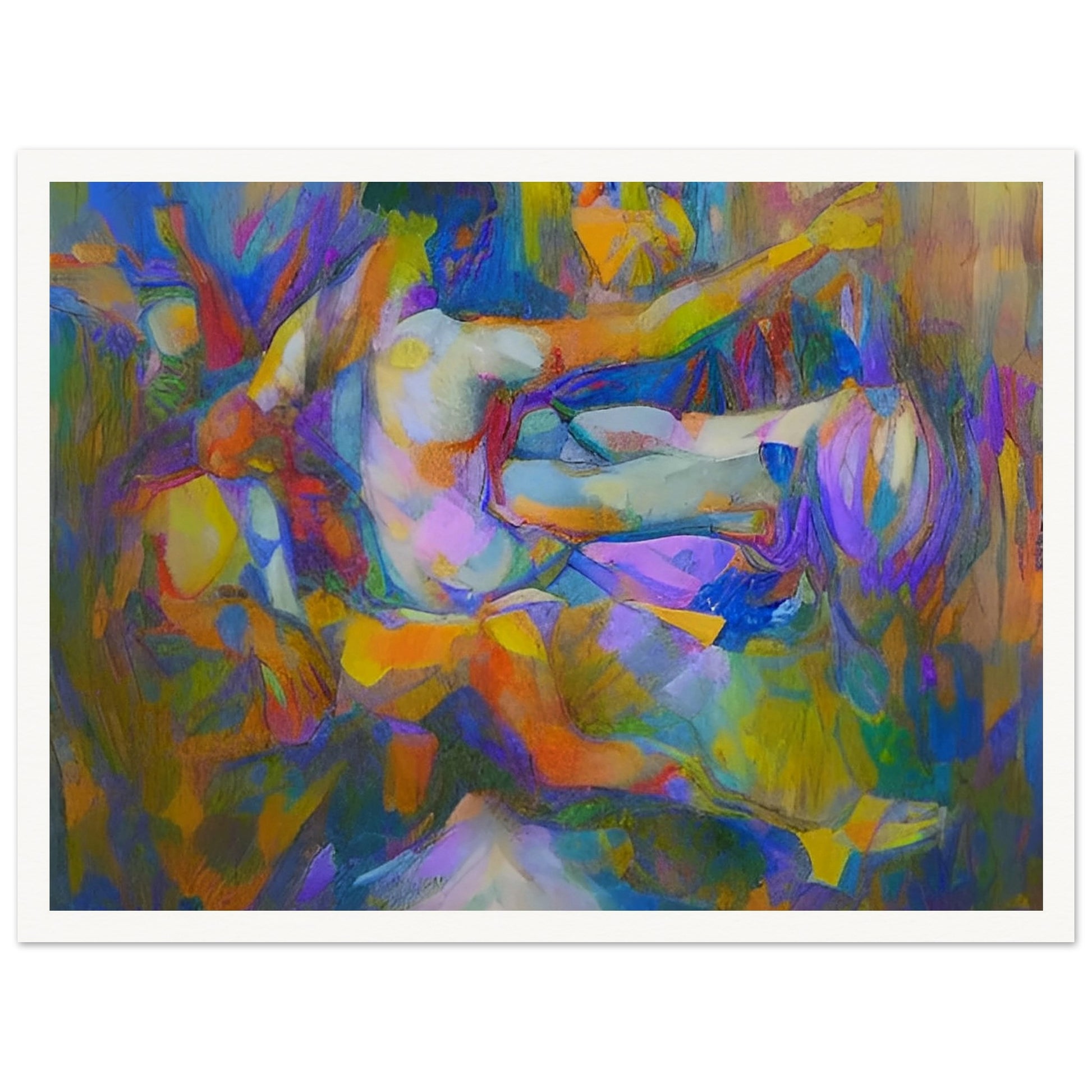 An abstract painting of human figures with vibrant, dynamic colors and forms creating a sense of movement and energy.