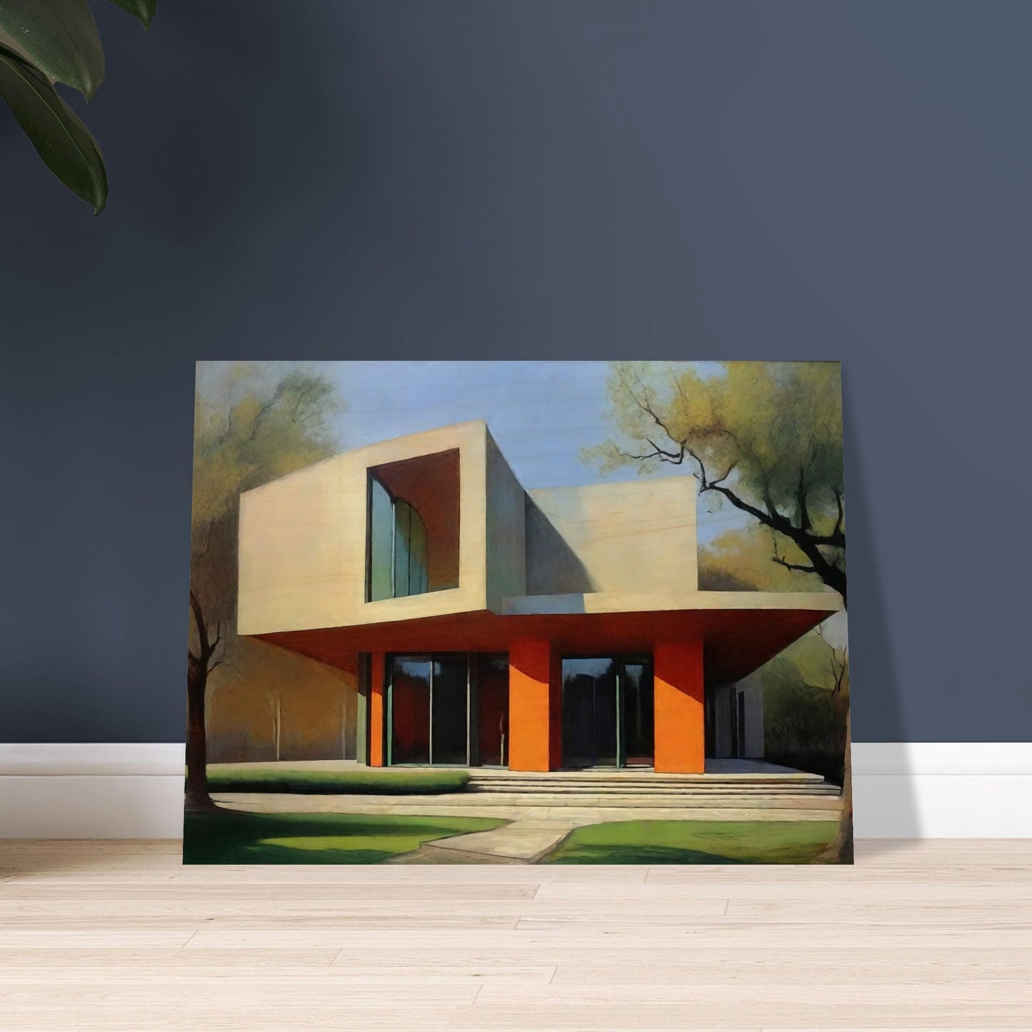 A striking modern architectural building with clean lines and orange accents, bathed in soft sunlight surrounded by trees.