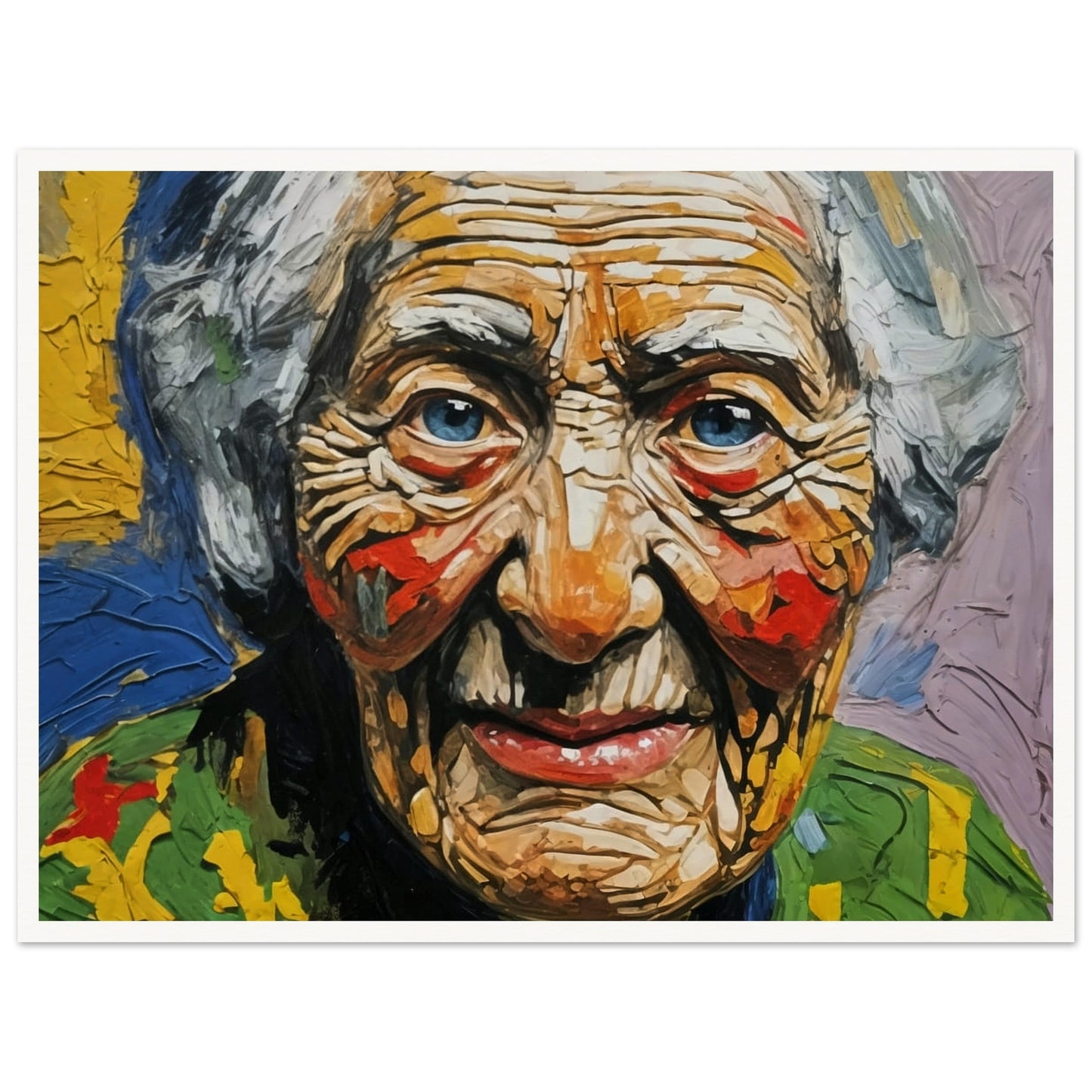 A vivid portrait of an elderly woman with expressive wrinkles and bright blue eyes, capturing the essence of a life well-lived through bold and textured brushstrokes.
