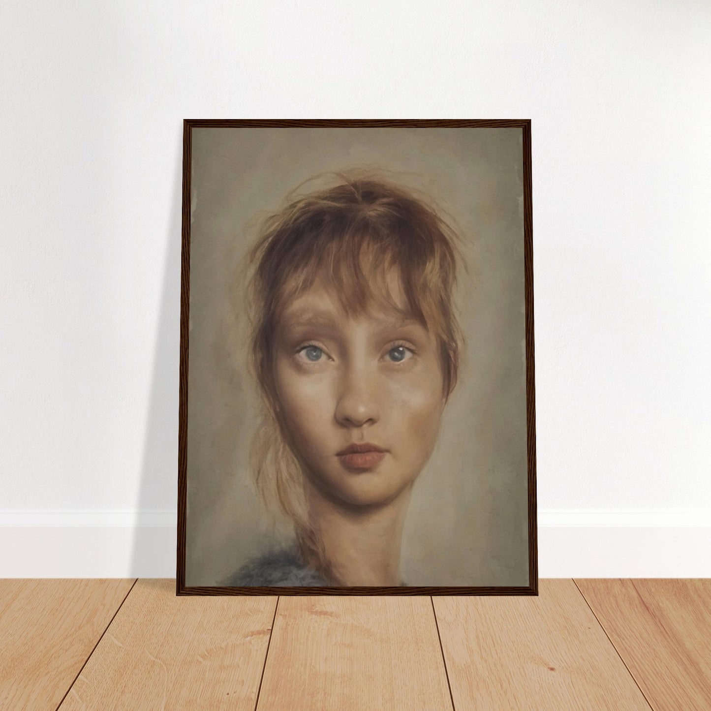 A realistic portrait of a young woman with soft features, pale blue eyes, and light brown hair, gazing forward with a serene expression in muted, natural tones.