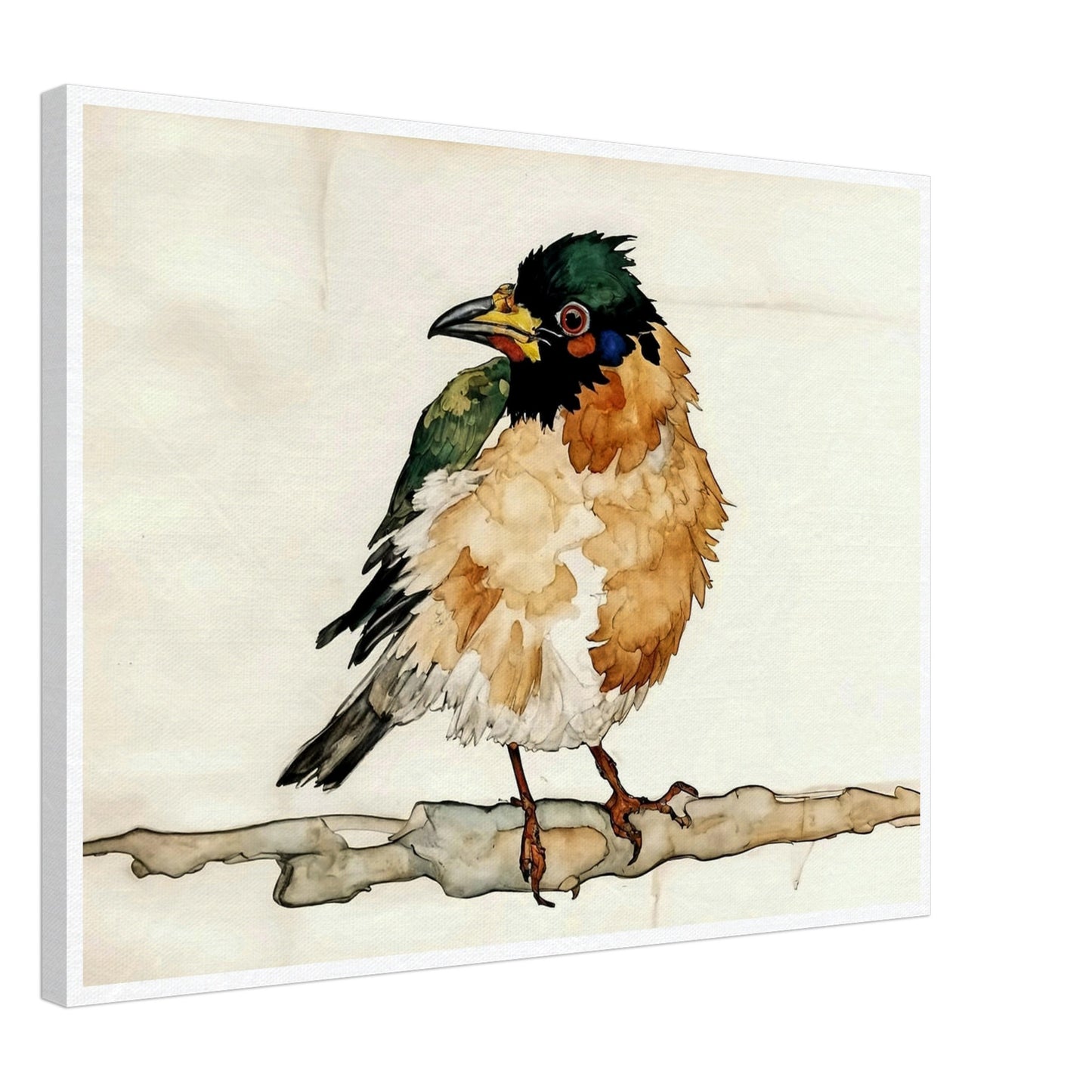 "A delicate painting of a small bird with fluffy, colorful feathers perched on a branch, set against a soft, neutral background."