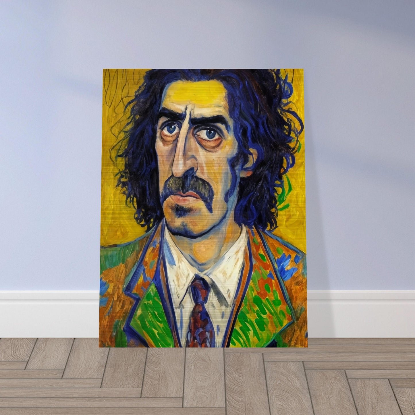 A vibrant portrait of a man with deep-set eyes and thick mustache, framed by wild dark hair. His colorful, patterned suit contrasts with a vivid yellow background.