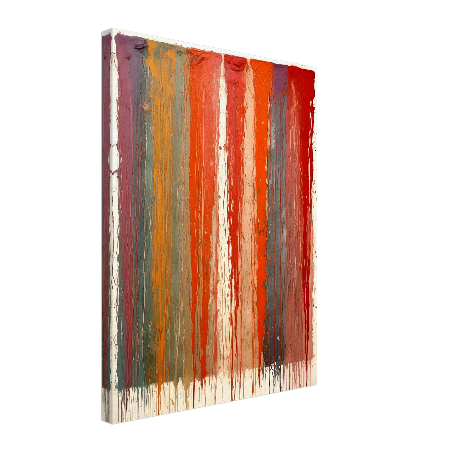 Vertical ribbons of vibrant paint drip down the canvas in layered red, orange, blue, and purple tones against a pale backdrop.