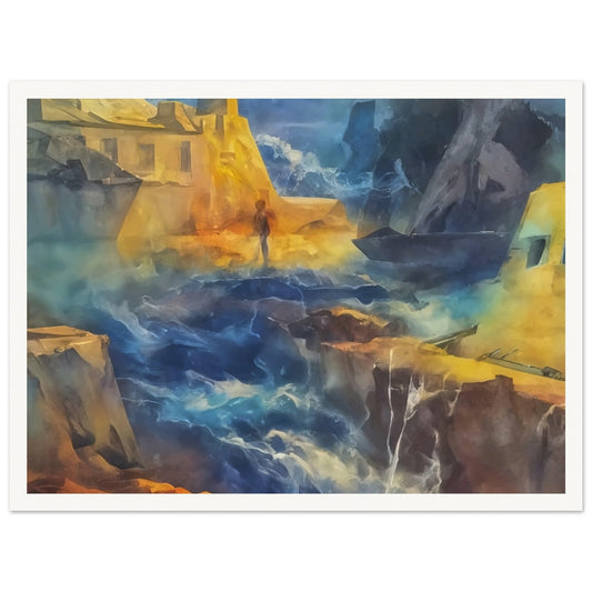 A painting depicting a lone figure standing in the center of a chaotic and surreal landscape. The scene appears to be a mix of crumbling buildings, jagged rocks, and swirling water, all rendered in vibrant and dramatic colors. The light and shadows add to the sense of mystery and desolation, creating a powerful visual impact.