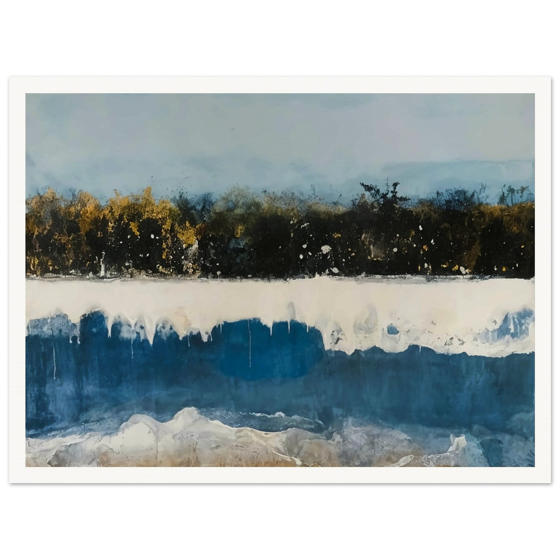 A shoreline with rich blue tones and golden trees under a soft sky, blending natural elements in a peaceful and dreamlike setting