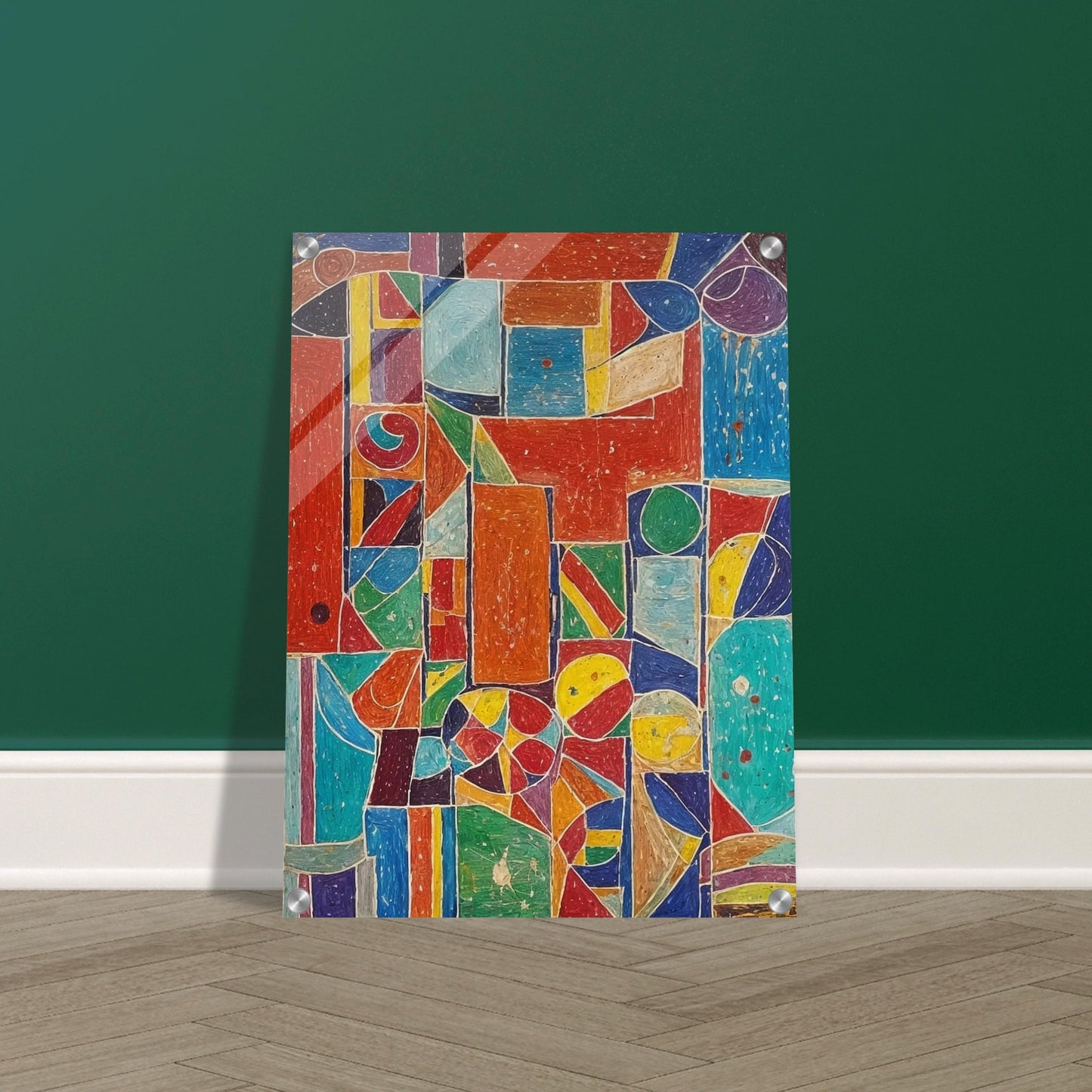 A vibrant abstract painting filled with geometric shapes and bold colors, creating a dynamic and lively composition.