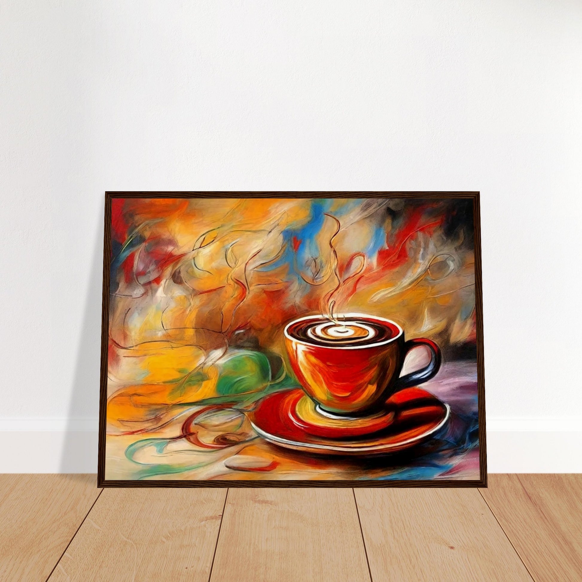 "An expressive painting of a steaming cup of coffee in a red cup with swirling colors of orange, yellow, and blue in the background."