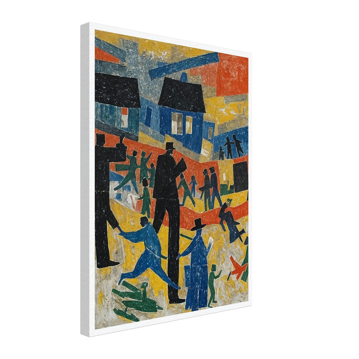 An abstract painting depicting a lively village scene with colorful houses and stylized figures in motion.