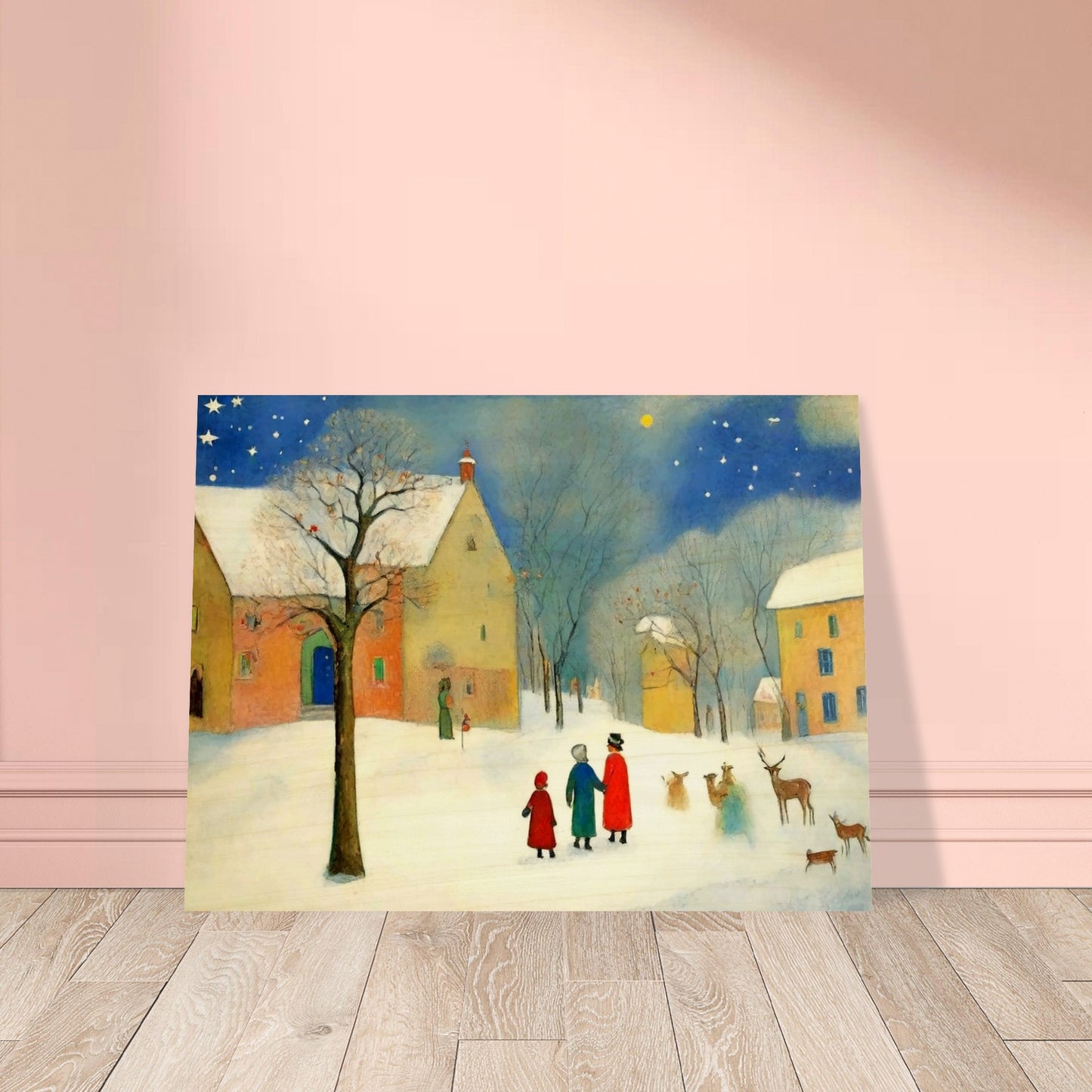 "A whimsical winter scene featuring families and deer in a snow-covered village under a starry sky, with warm-lit houses in the background."