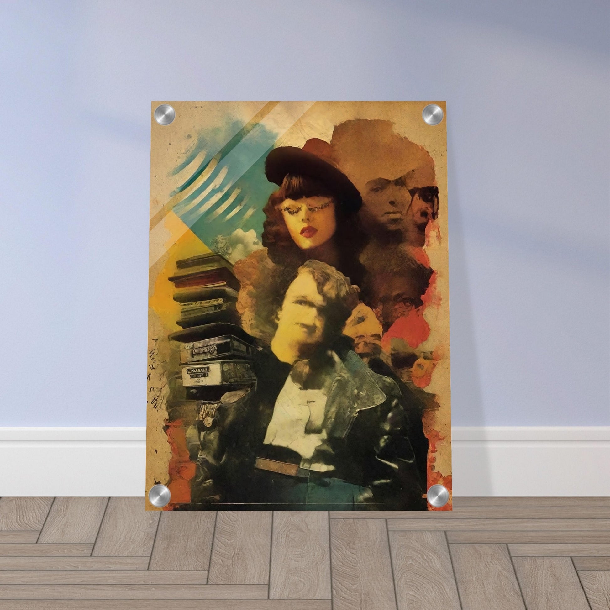 Surreal collage of vintage figures, with a woman in a hat and a man in a leather jacket, surrounded by old cassette tapes and faces