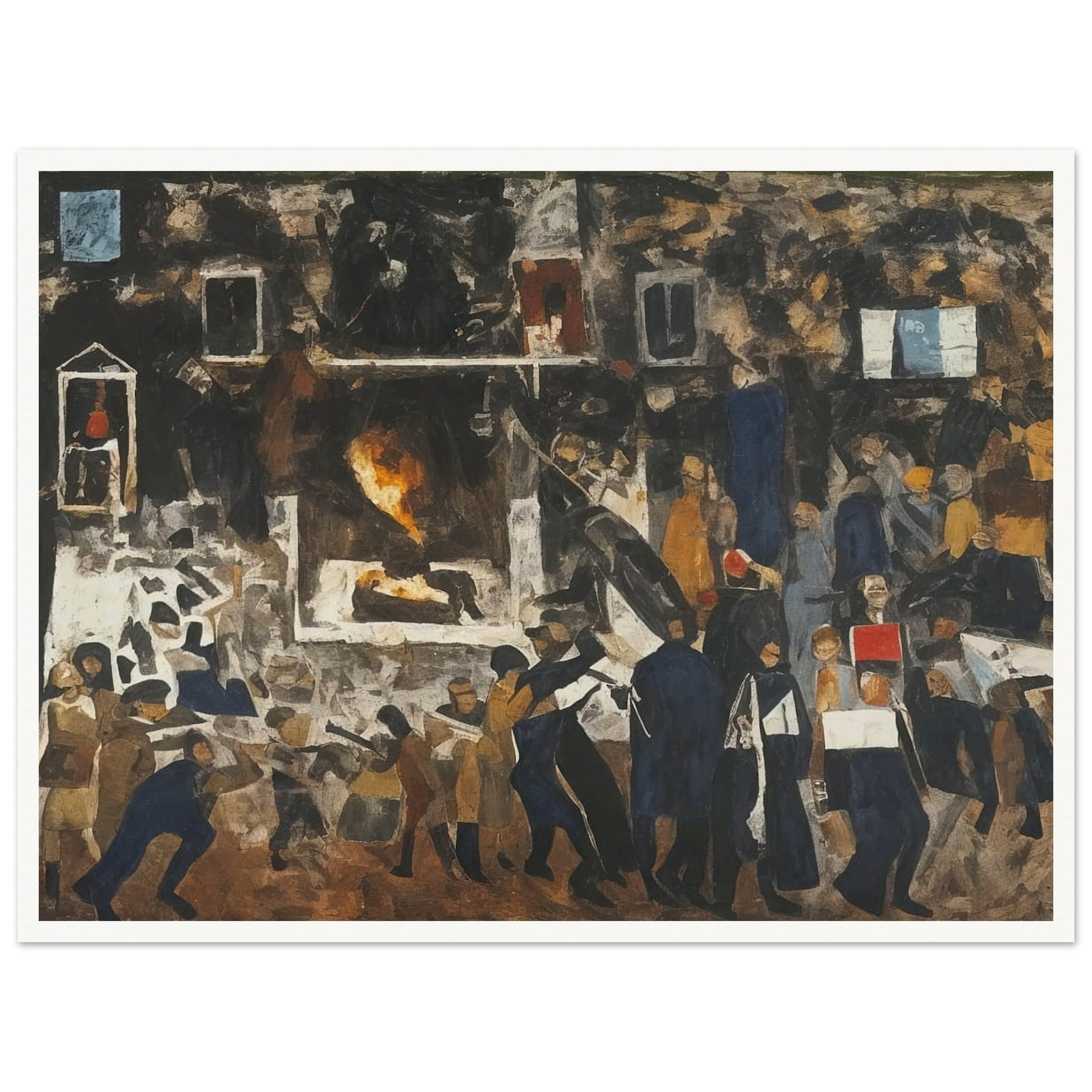 A powerful depiction of a crowded protest scene with figures in motion, conveying the energy and tension of a moment of social unrest.