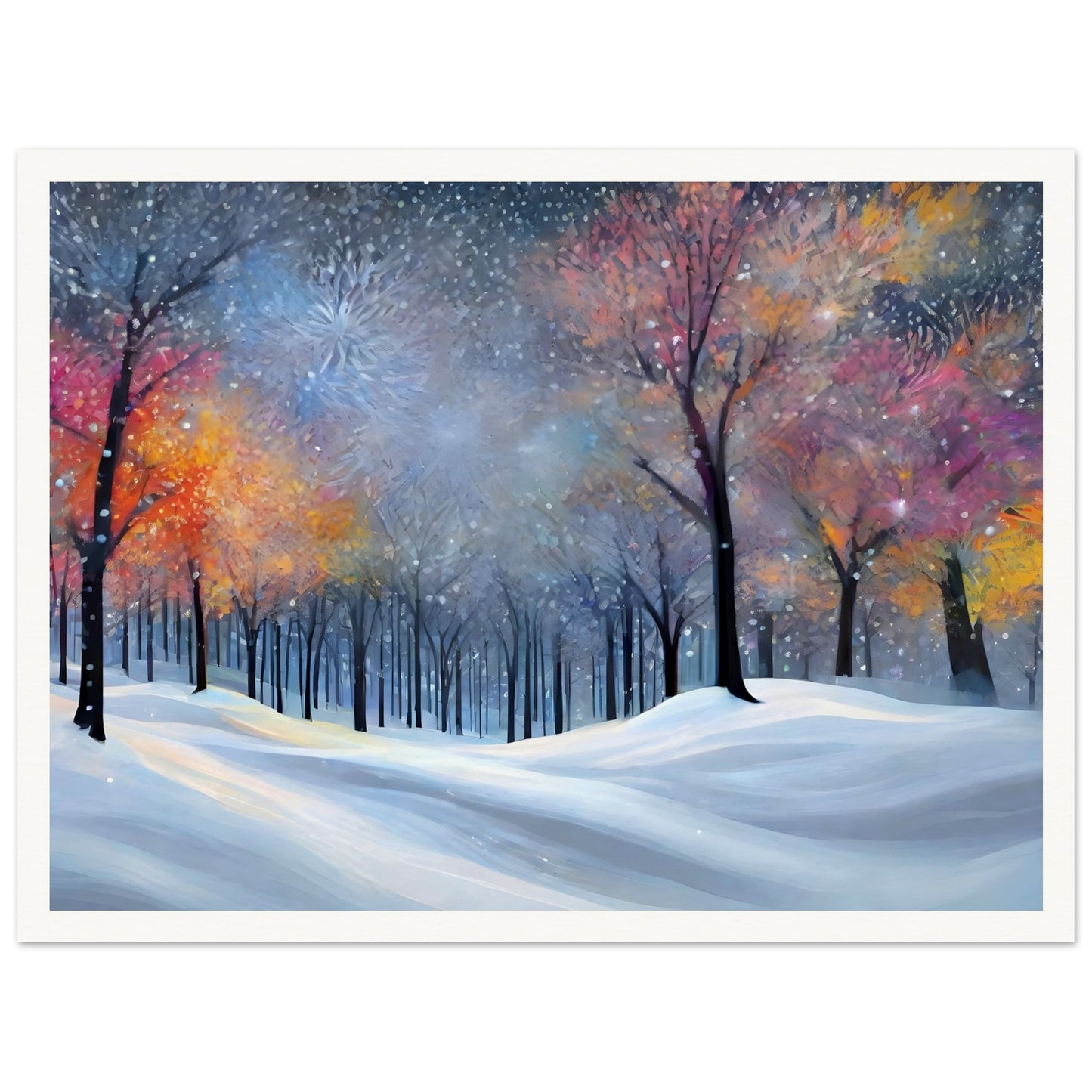 A magical winter forest with colorful, softly glowing trees covered in snow, surrounded by a serene snowfield under a shimmering twilight sky.