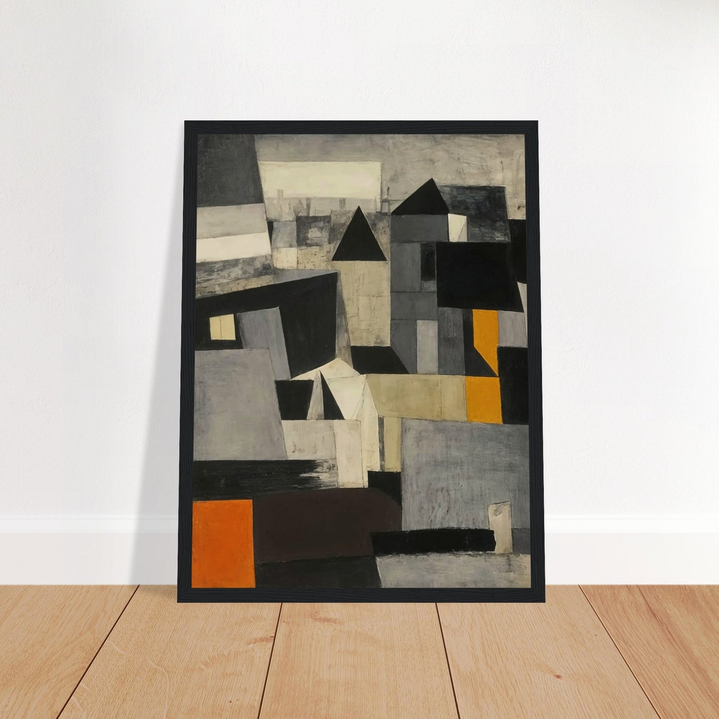 A dynamic composition of fragmented cityscape elements in shades of gray, black, and orange, creating an intriguing visual narrative.