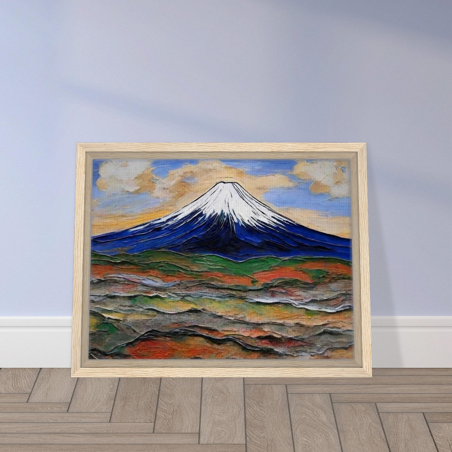 "A breathtaking view of a snow-capped mountain under a colorful sky, with rolling hills in earthy tones spreading out below."
