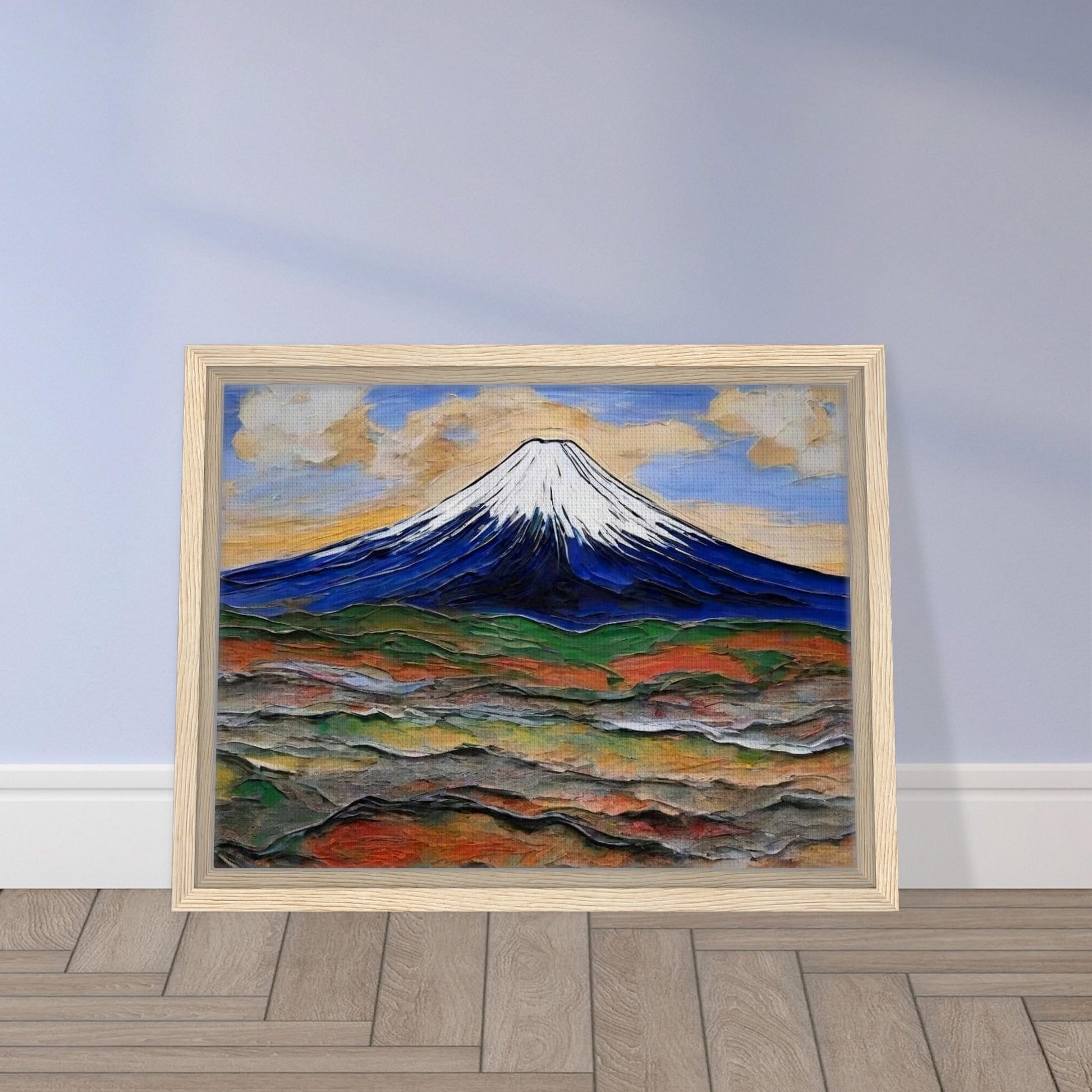 "A breathtaking view of a snow-capped mountain under a colorful sky, with rolling hills in earthy tones spreading out below."