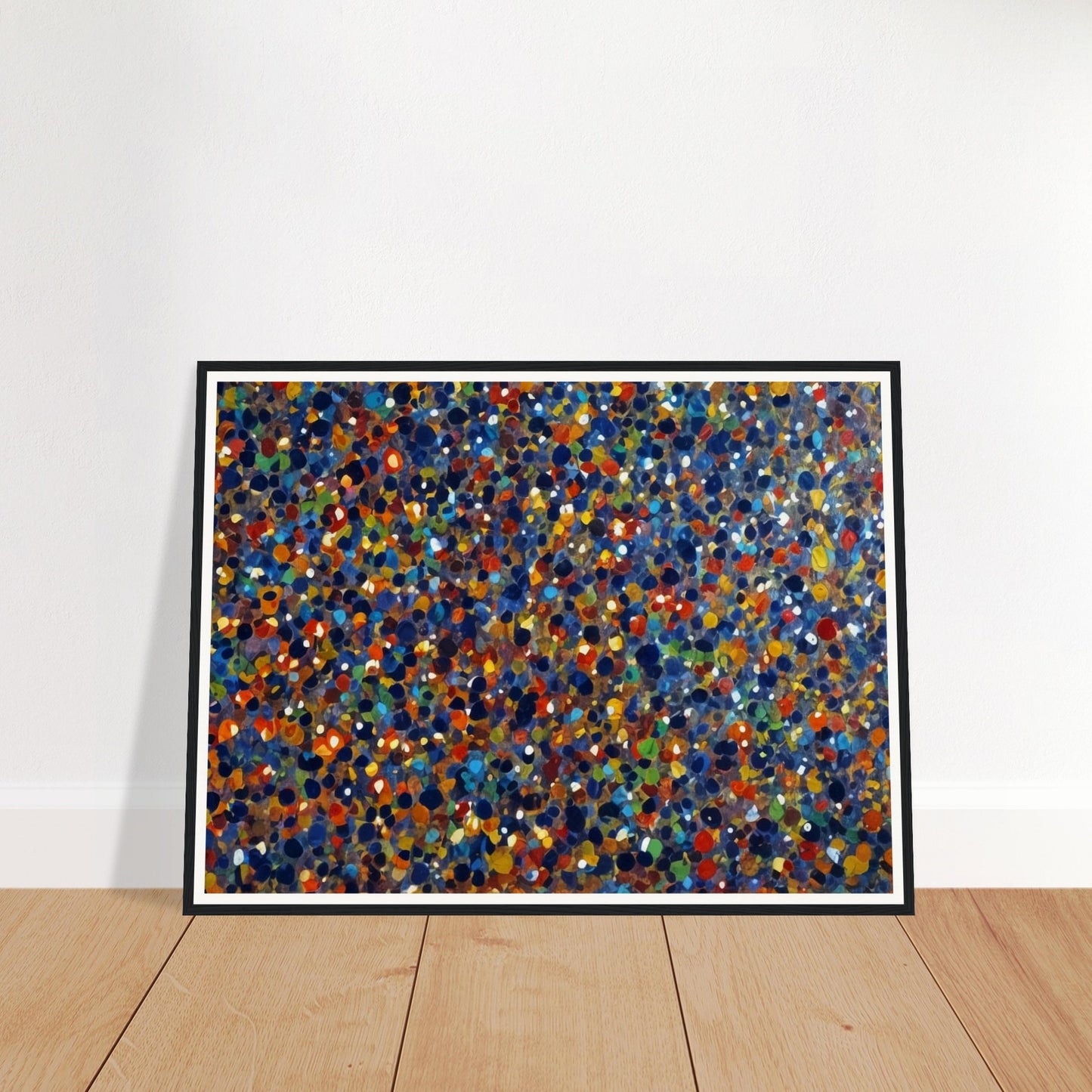A dynamic display of colorful dots in various shades of blue, orange, green, and red, creating a vibrant and energetic pattern reminiscent of a starry sky or confetti.