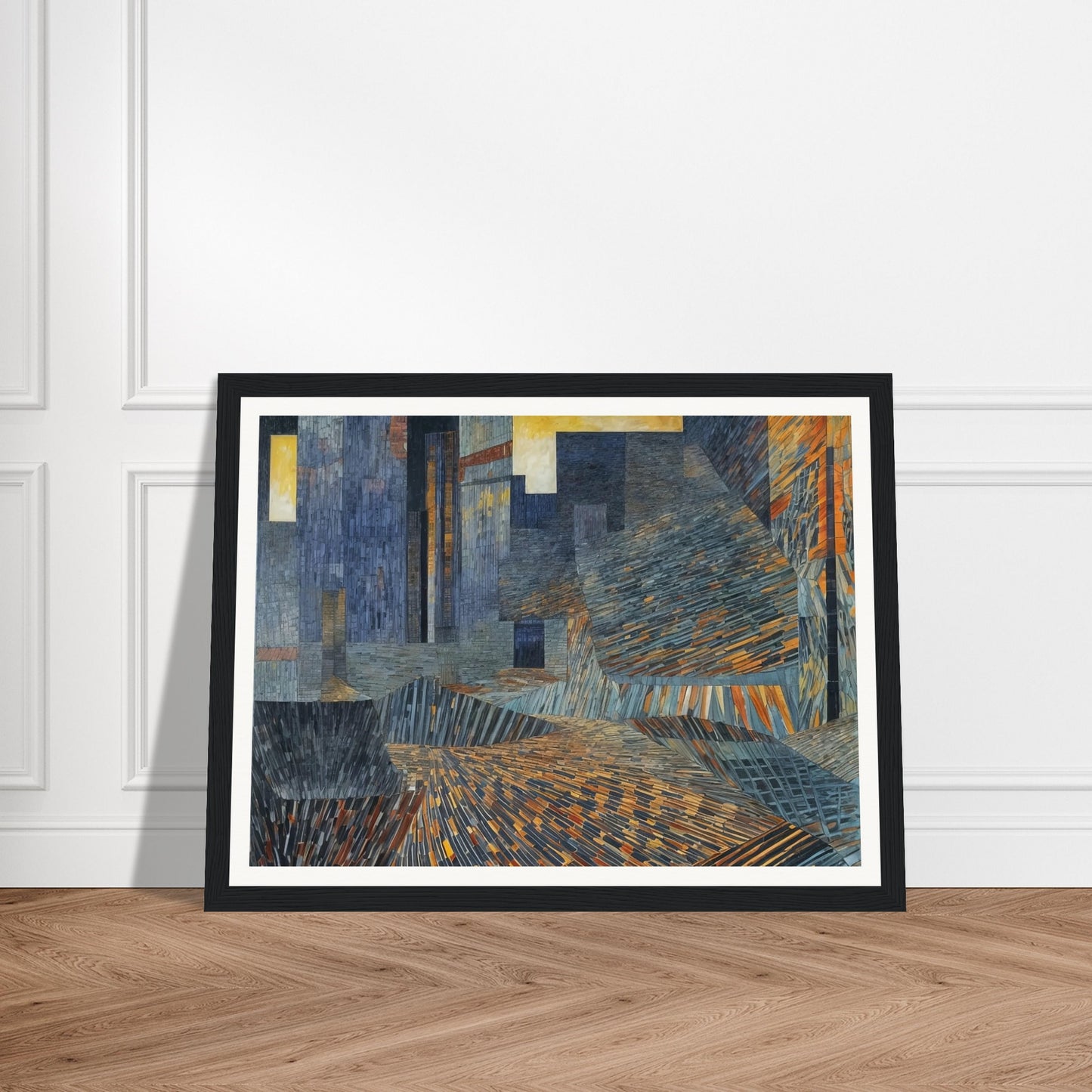 A mosaic-like abstract painting depicting an urban landscape with intricate patterns and vibrant colors.