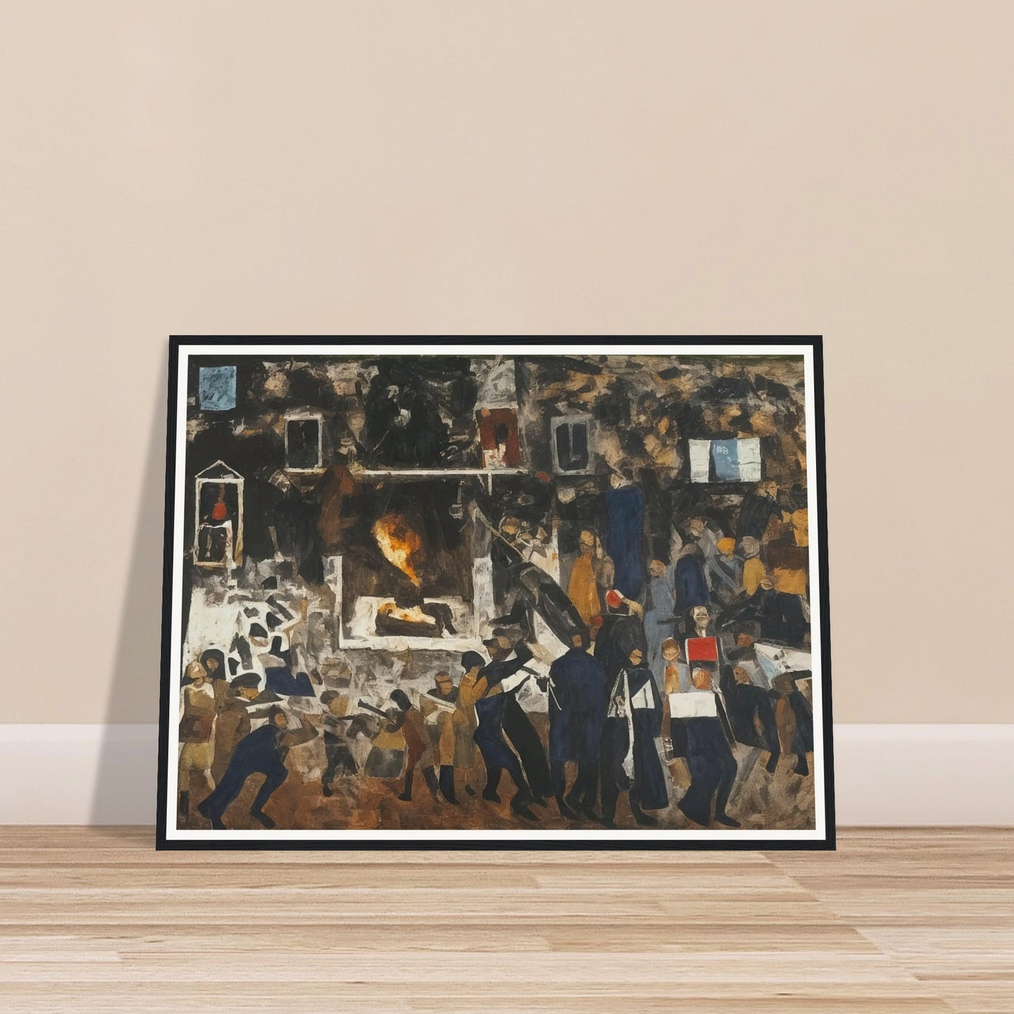 A powerful depiction of a crowded protest scene with figures in motion, conveying the energy and tension of a moment of social unrest.