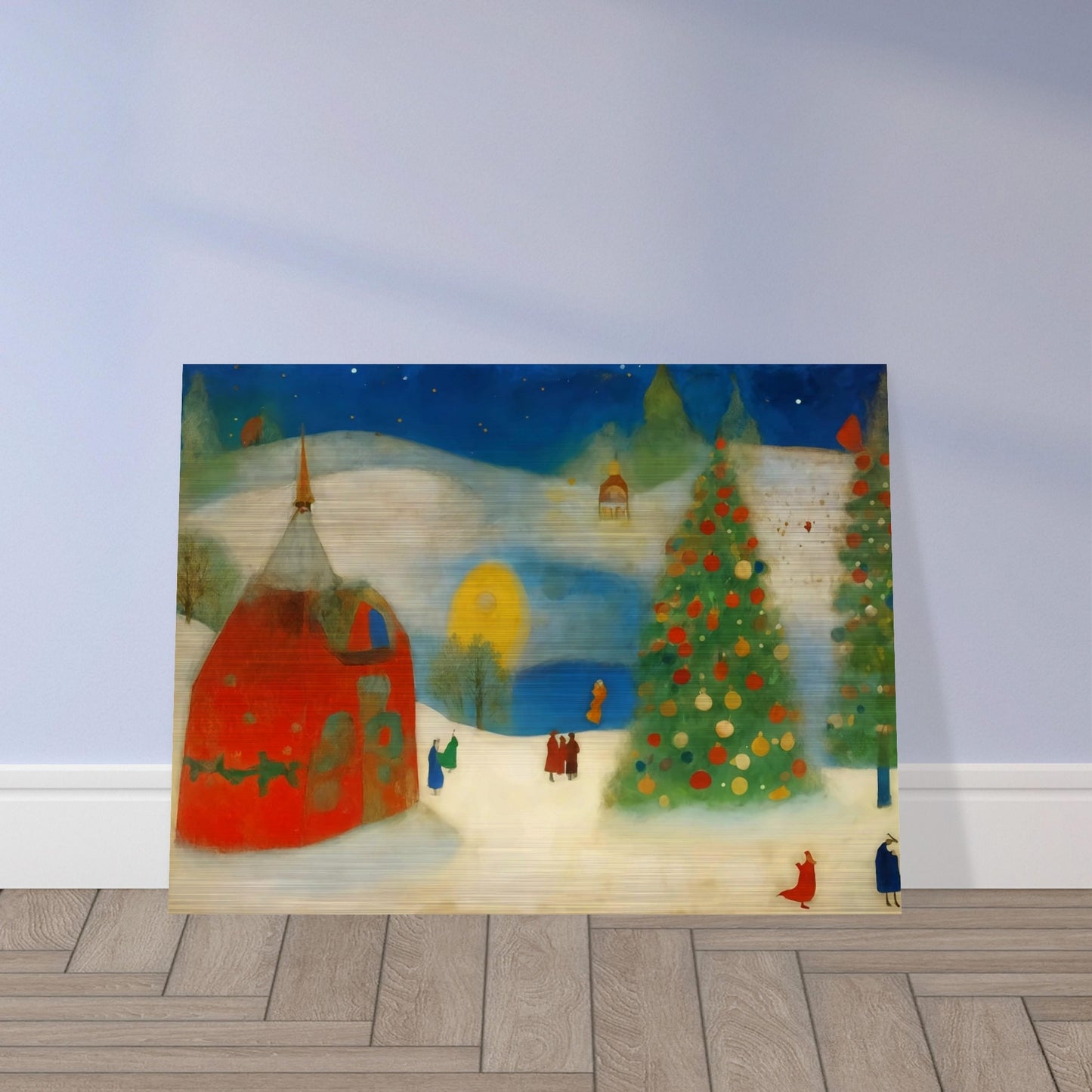 A whimsical winter scene with a large Christmas tree decorated in vibrant ornaments, a cozy red house, and figures strolling through a snowy landscape under a night sky.