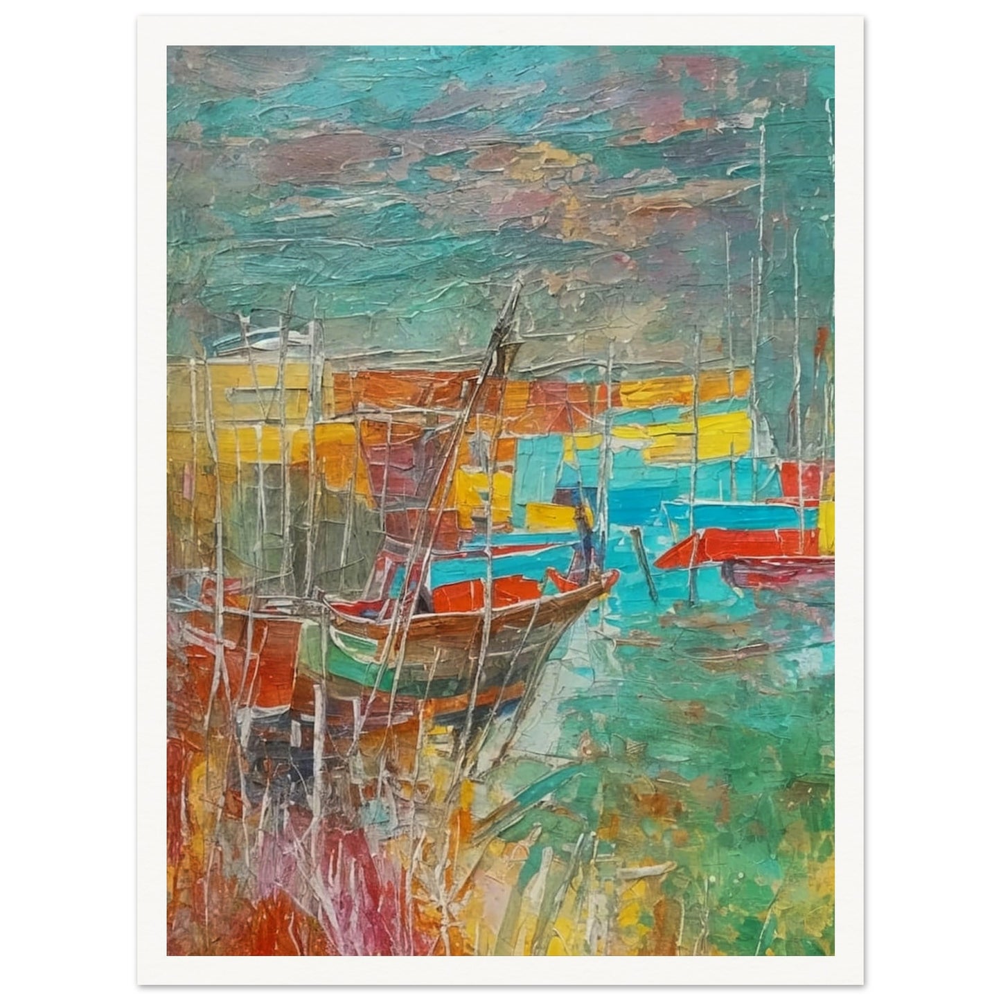 A vibrant, textured painting of boats docked at a harbor, with bold colors of red, blue, and yellow blending into the water and sky, creating a lively and colorful seascape.
