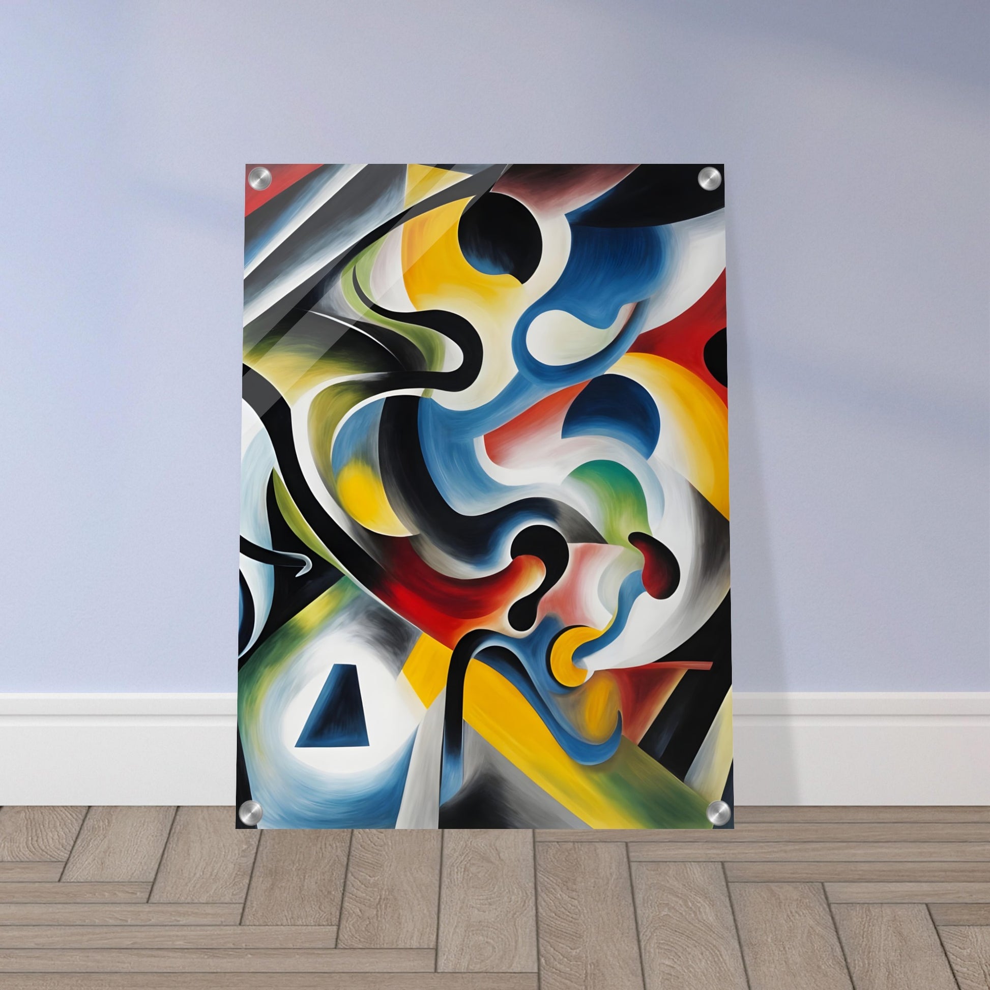 A dynamic composition of swirling colors, bold curves, and geometric shapes creating a fluid, energetic visual movement.