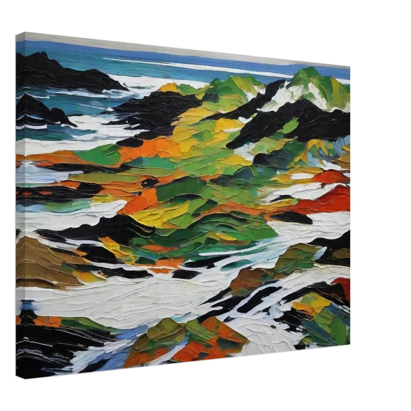 An abstract painting depicting a vibrant coastal landscape. The scene features bold, textured strokes in greens, oranges, yellows, and blacks representing rocky outcrops and vegetation, contrasted with white and blue areas symbolizing the sea and sky.